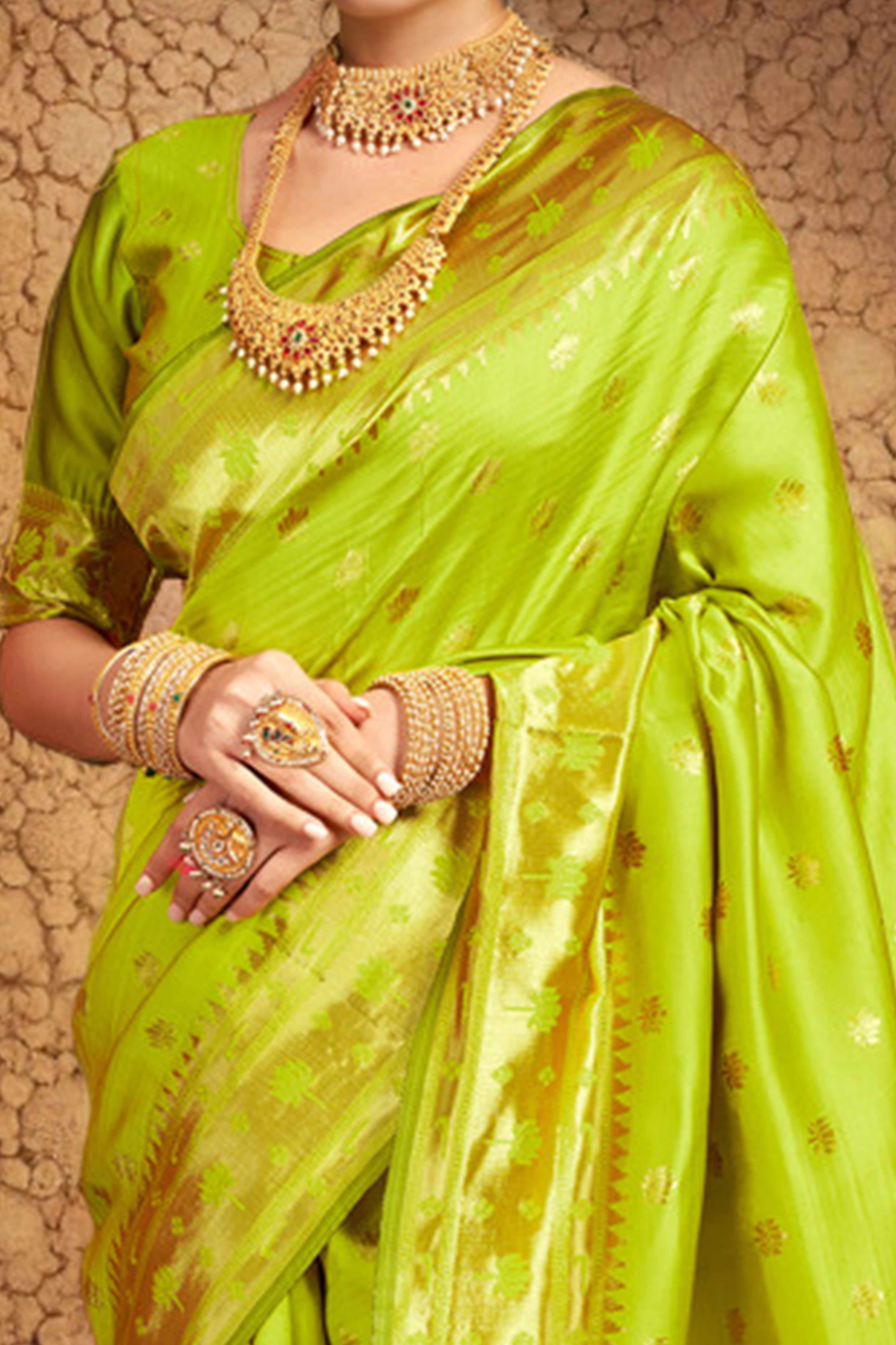 Lime Green Weaving Silk Blend Paithani Saree With Floral & Parrot Motif Pallu