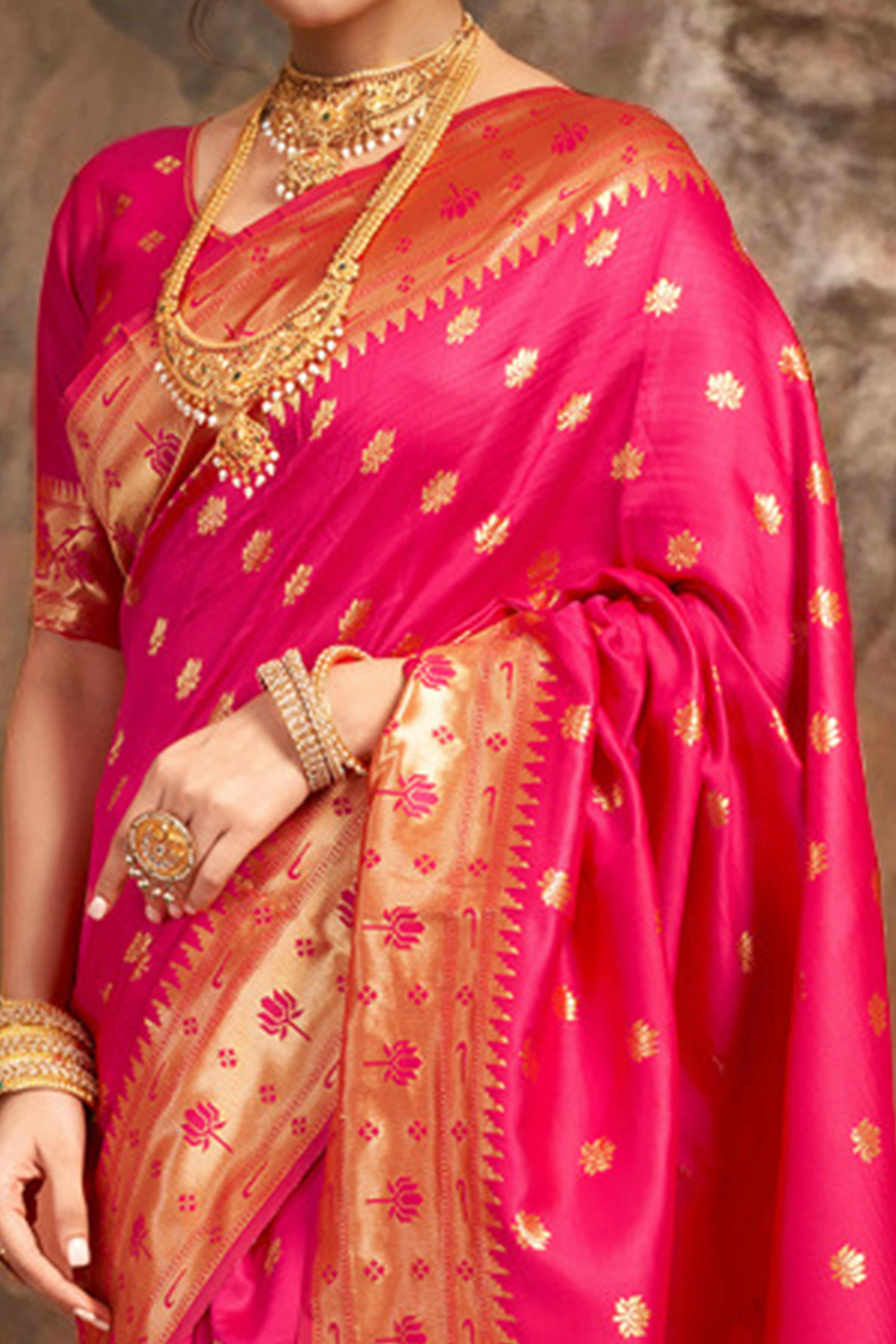 Pink Weaving Silk Blend Paithani Saree With Floral & Parrot Motif Pallu