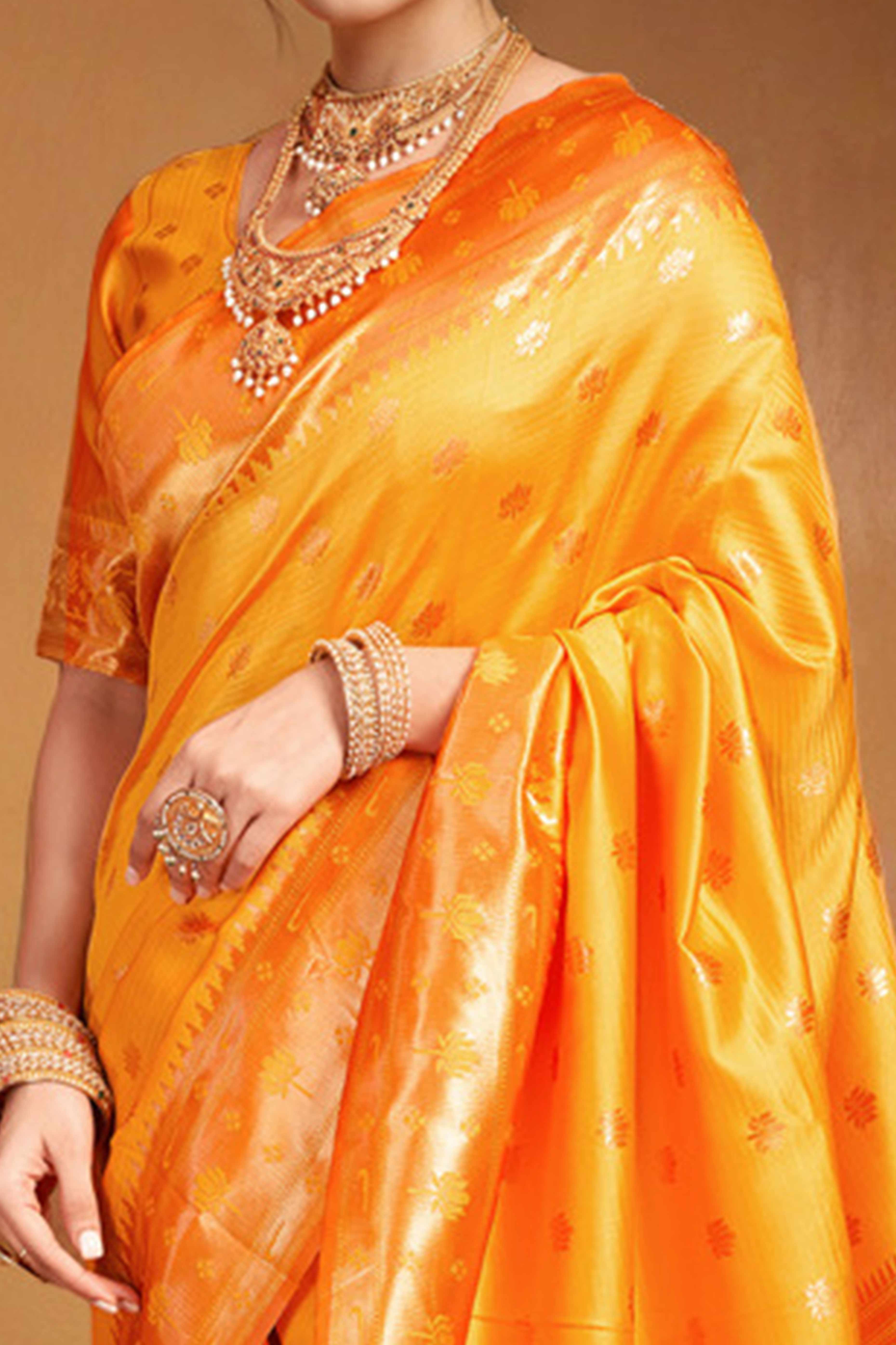 Orange Weaving Silk Blend Paithani Saree With Floral & Parrot Motif Pallu