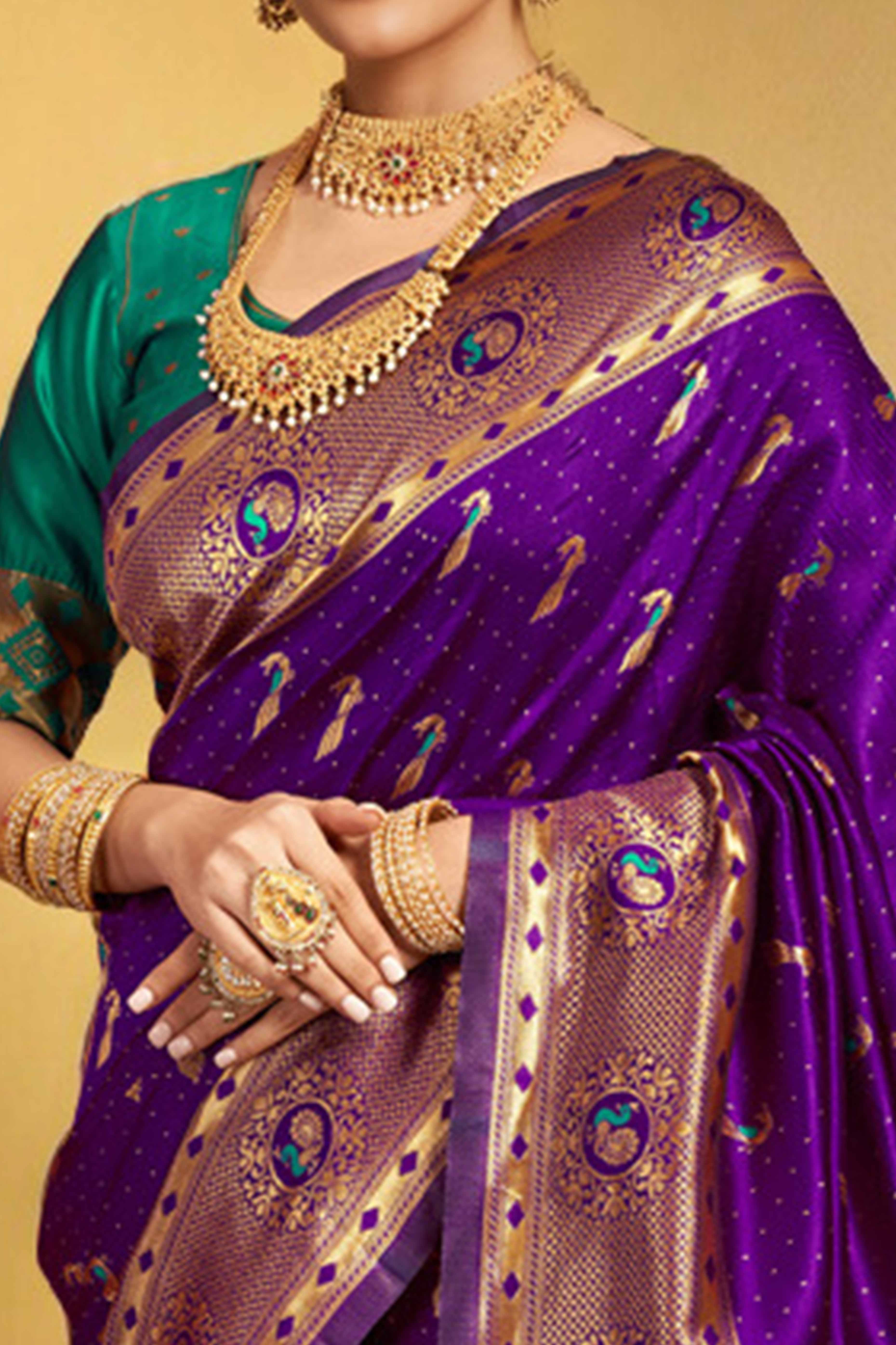 Purple Paithani Silk Blend Saree Featuring Intricate Zari Peacock & Floral Weaving