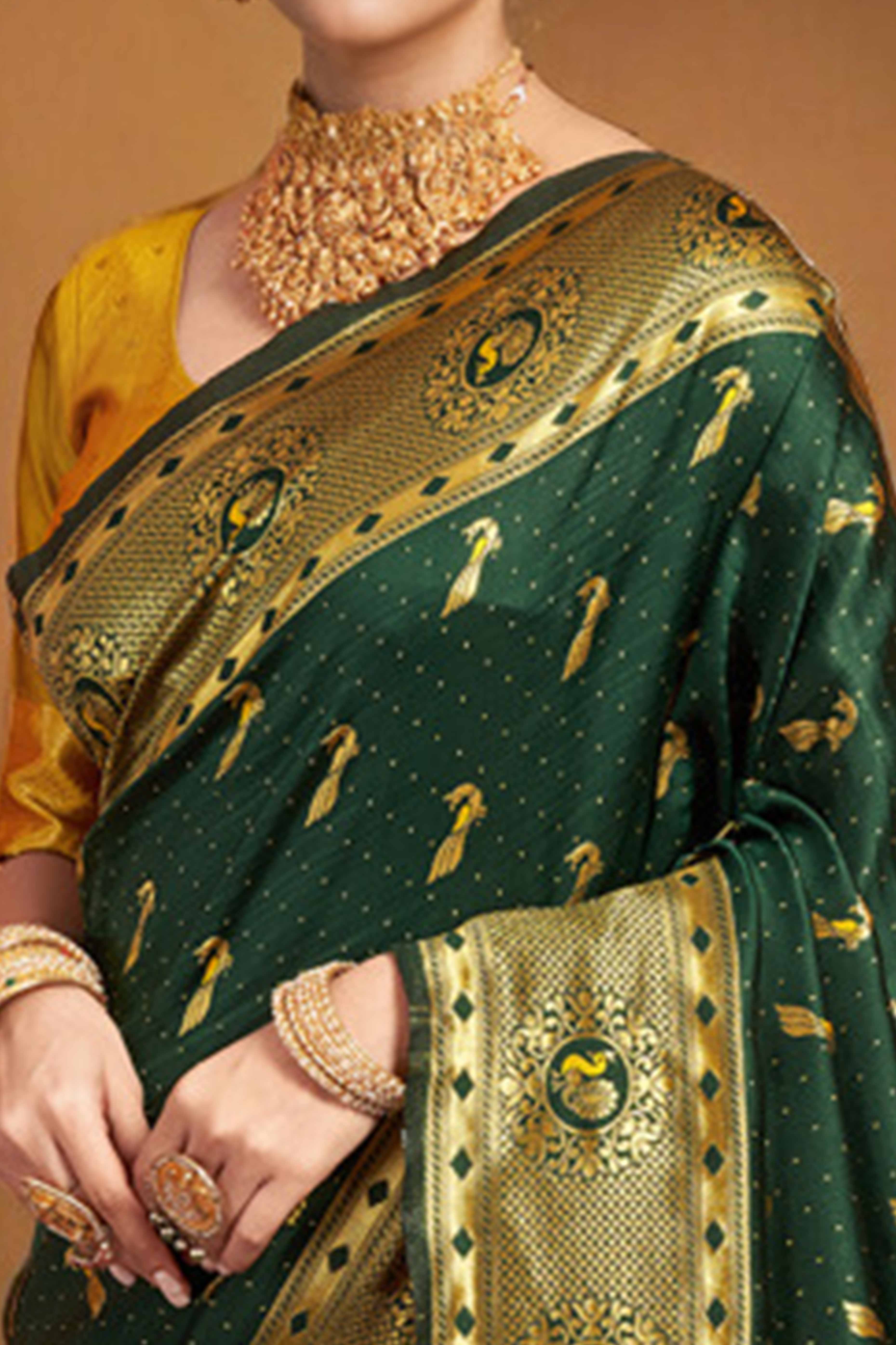 Green Paithani Silk Blend Saree Featuring Intricate Zari Peacock & Floral Weaving