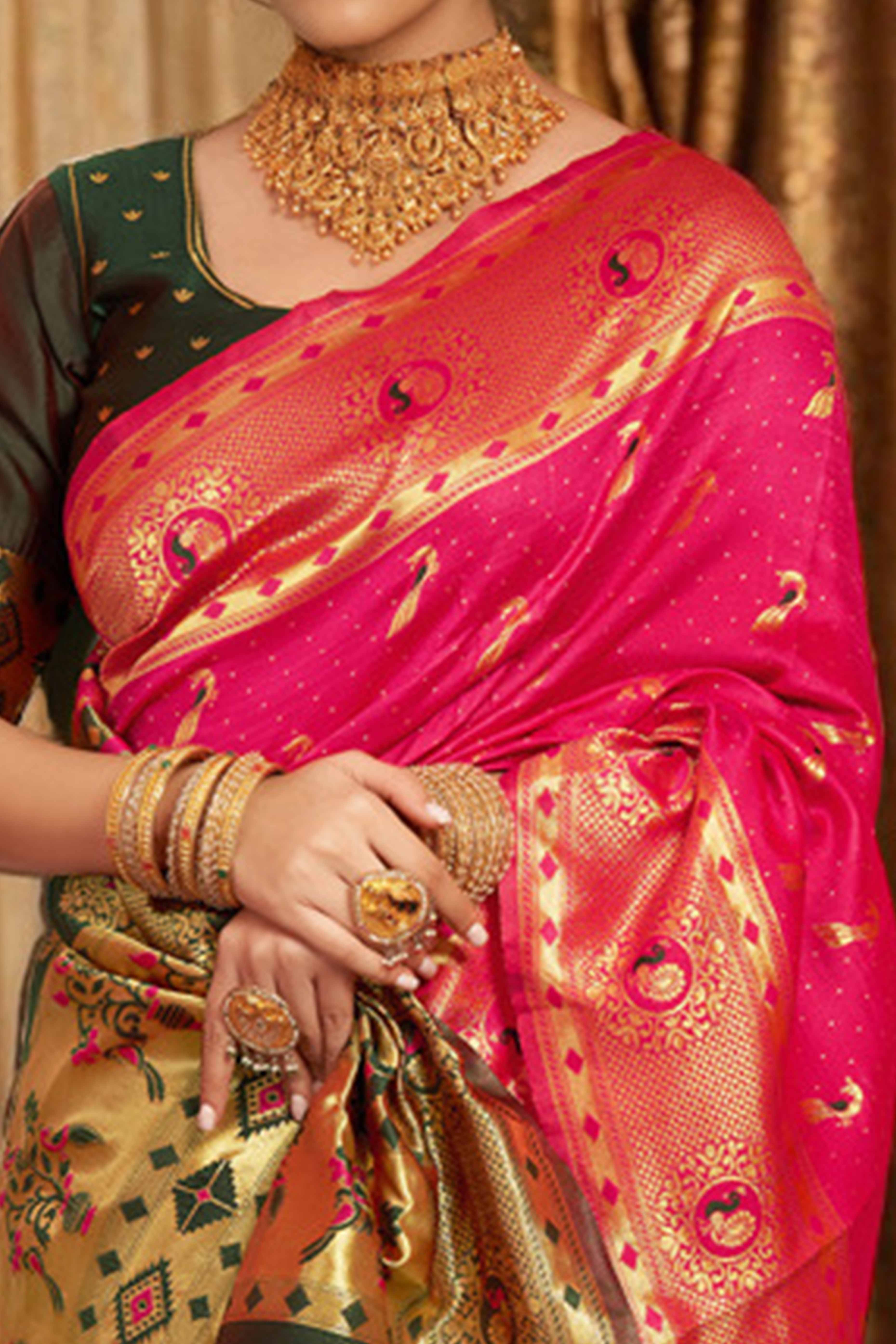 Pink Paithani Silk Blend Saree Featuring Intricate Zari Peacock & Floral Weaving