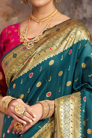 Teal Silk Blend Saree With Traditional Paithani Zari Weaving Of Peacock & Floral Designs