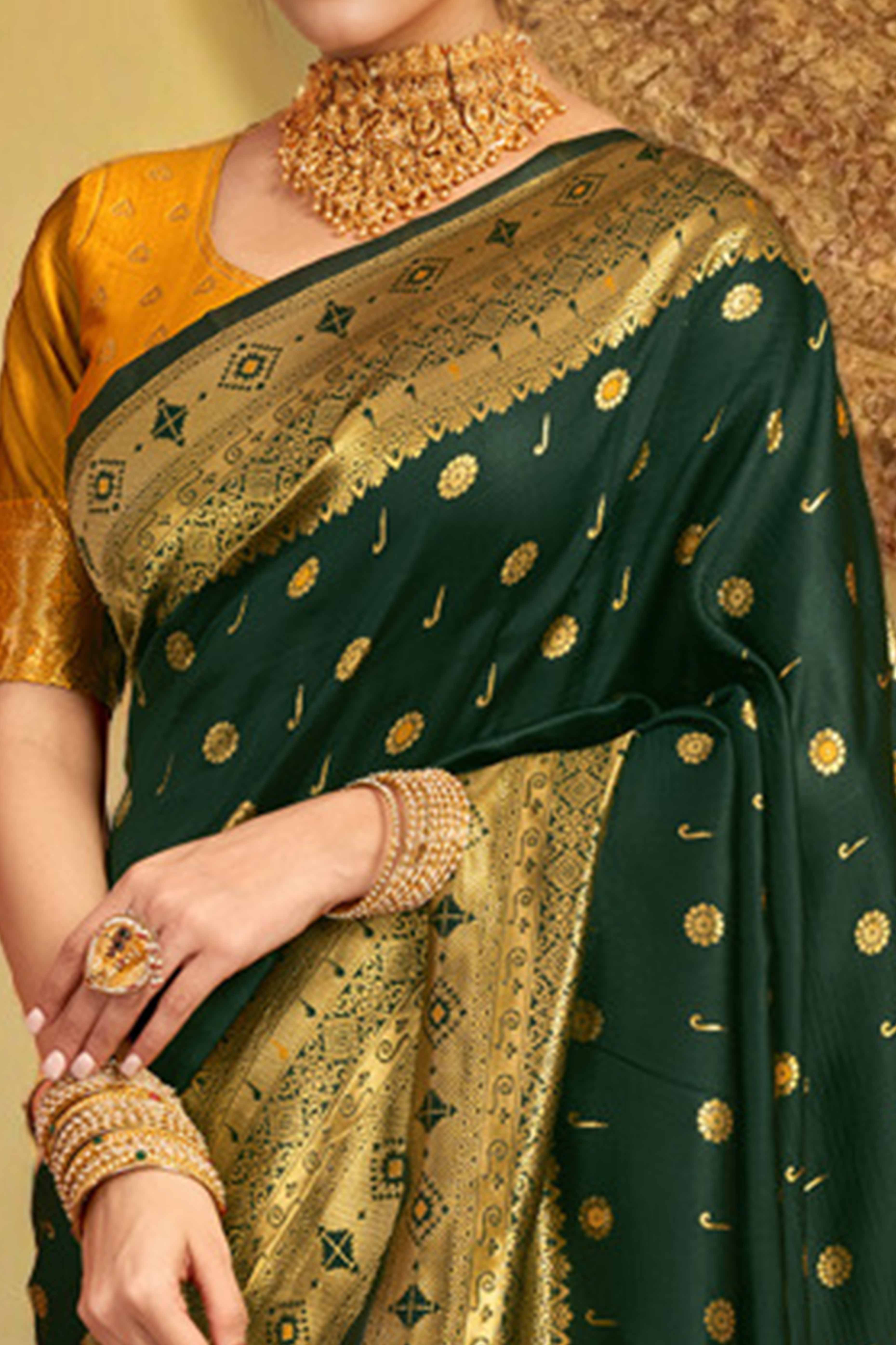 Dark Green Silk Blend Saree With Traditional Paithani Zari Weaving Of Peacock & Floral Designs