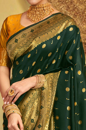 Dark Green Silk Blend Saree With Traditional Paithani Zari Weaving Of Peacock & Floral Designs