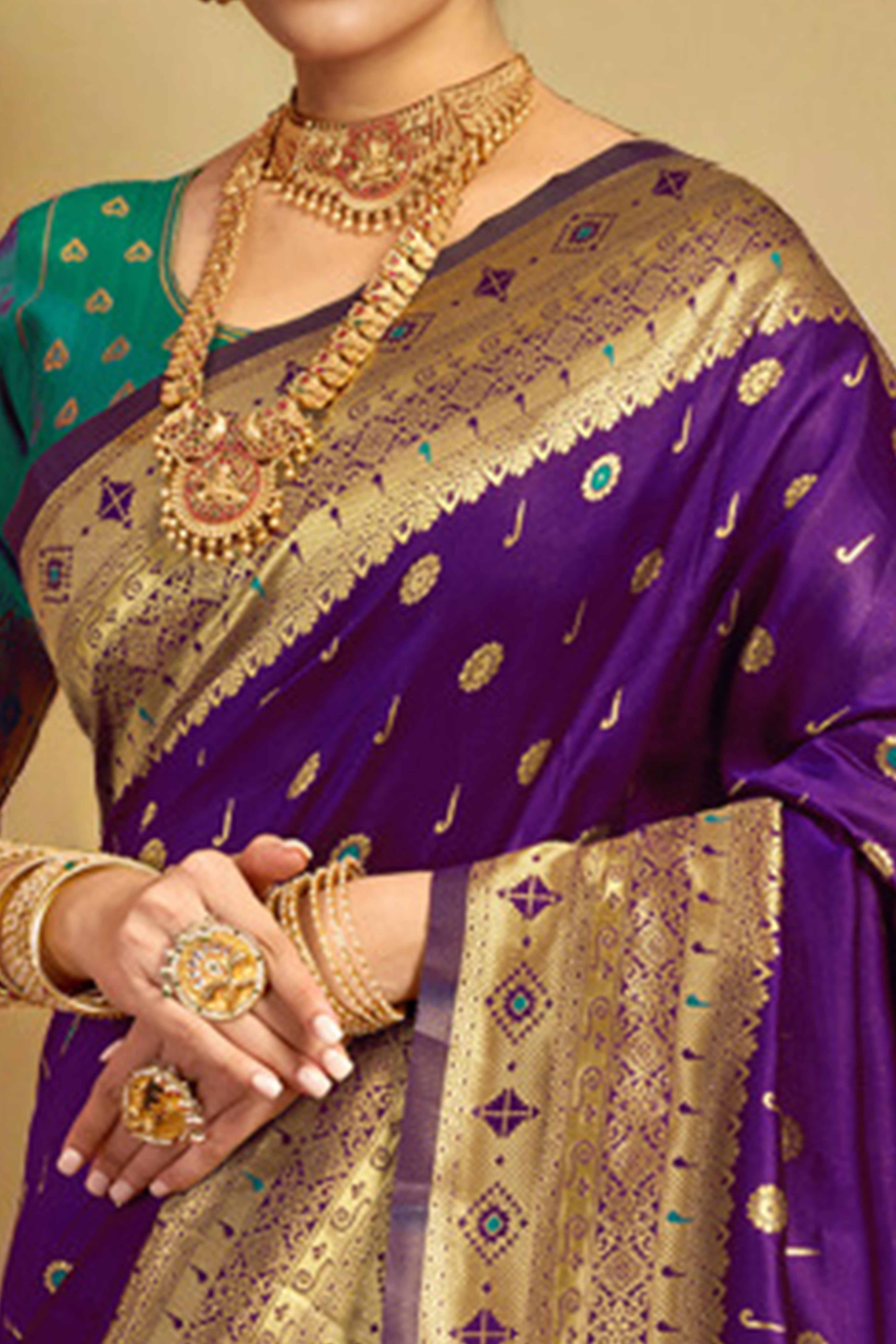 Purple Silk Blend Saree With Traditional Paithani Zari Weaving Of Peacock & Floral Designs