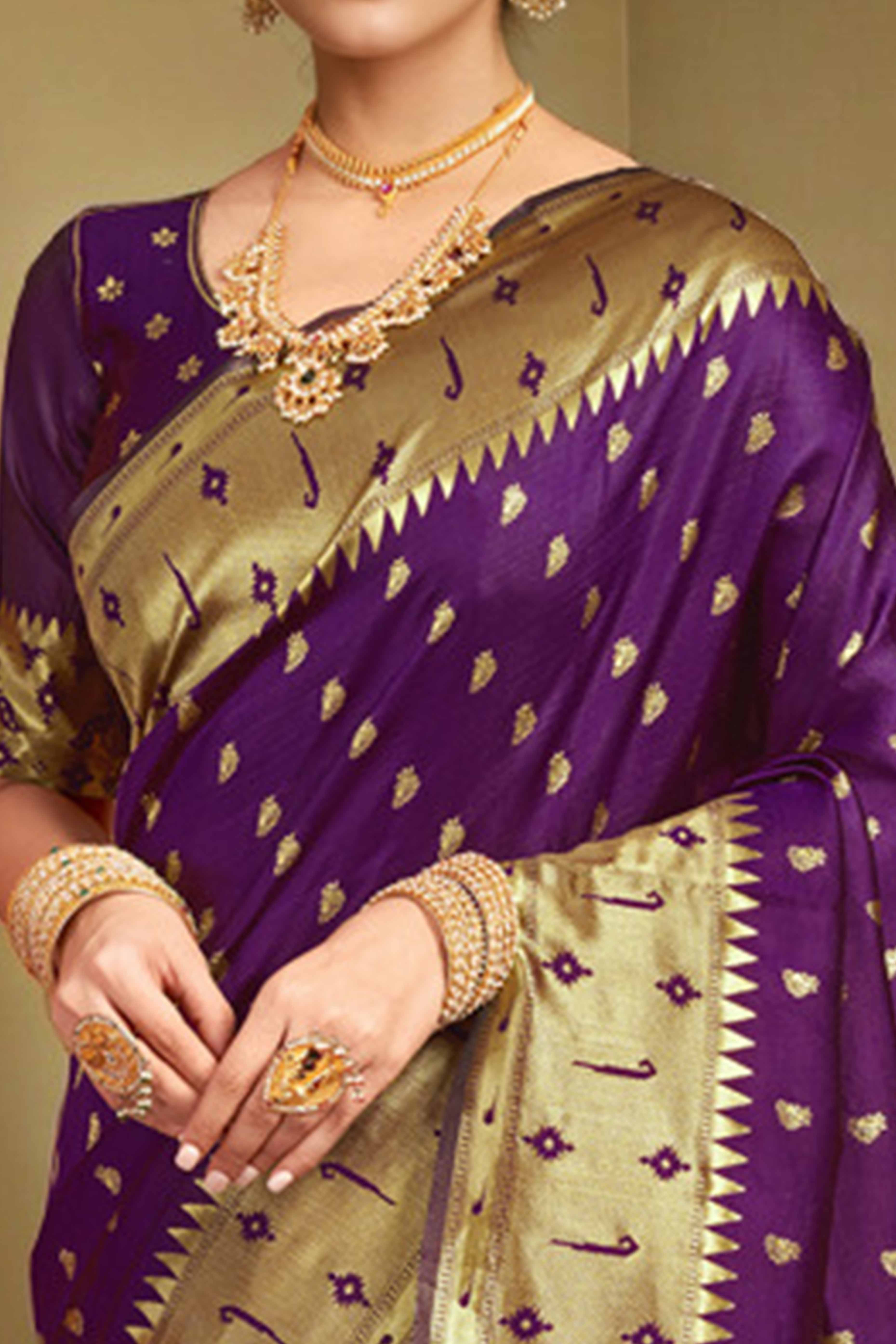 Purple Paithani Saree In Silk Blend Highlighted With Zari Woven Peacock & Floral Motifs