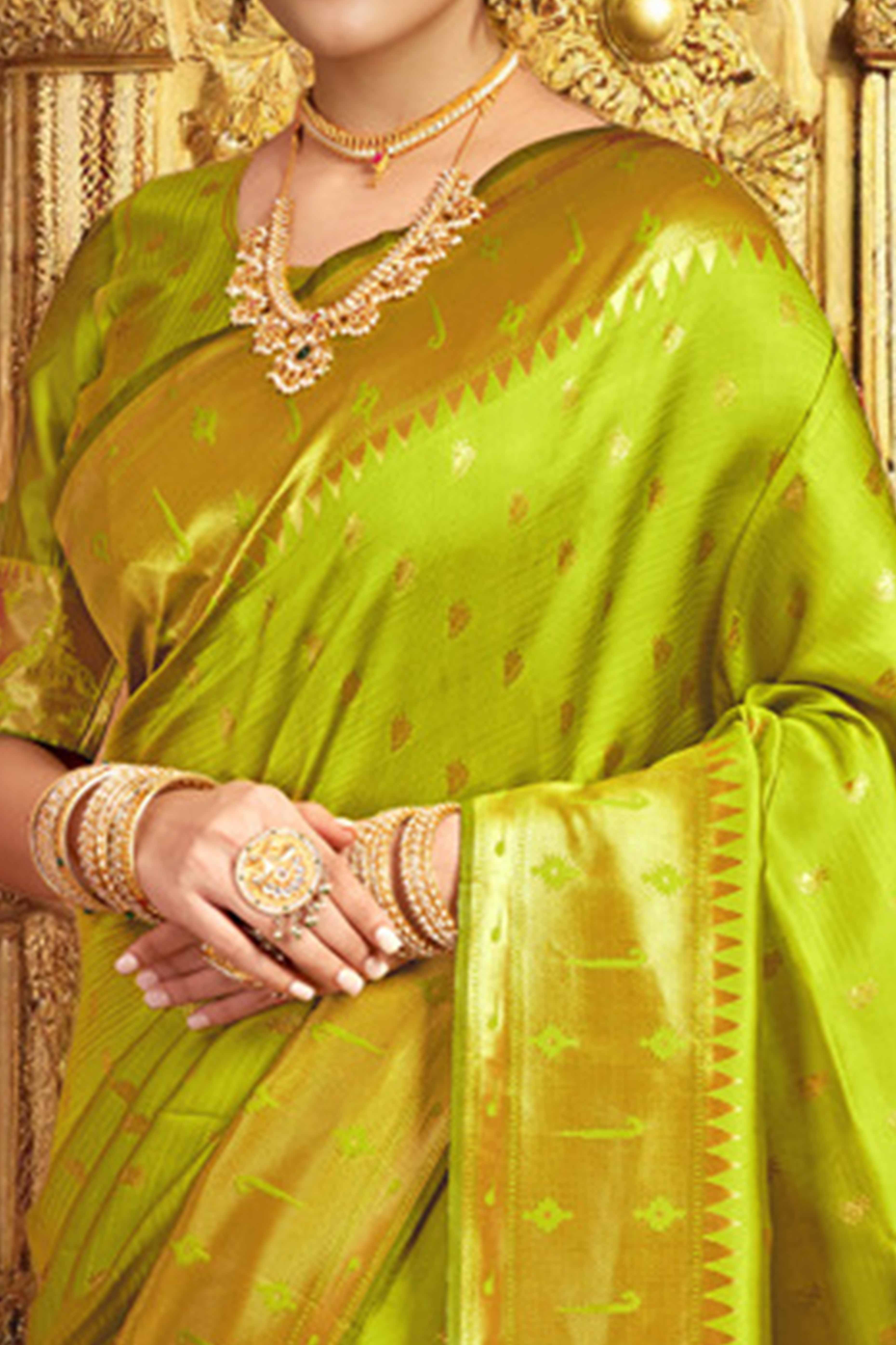 Lime Green Paithani Saree In Silk Blend Highlighted With Zari Woven Peacock & Floral Motifs