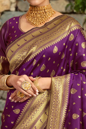 Purple Silk Blend Paithani Saree Showcasing Rich Zari Weaving With Birds & Floral Accents