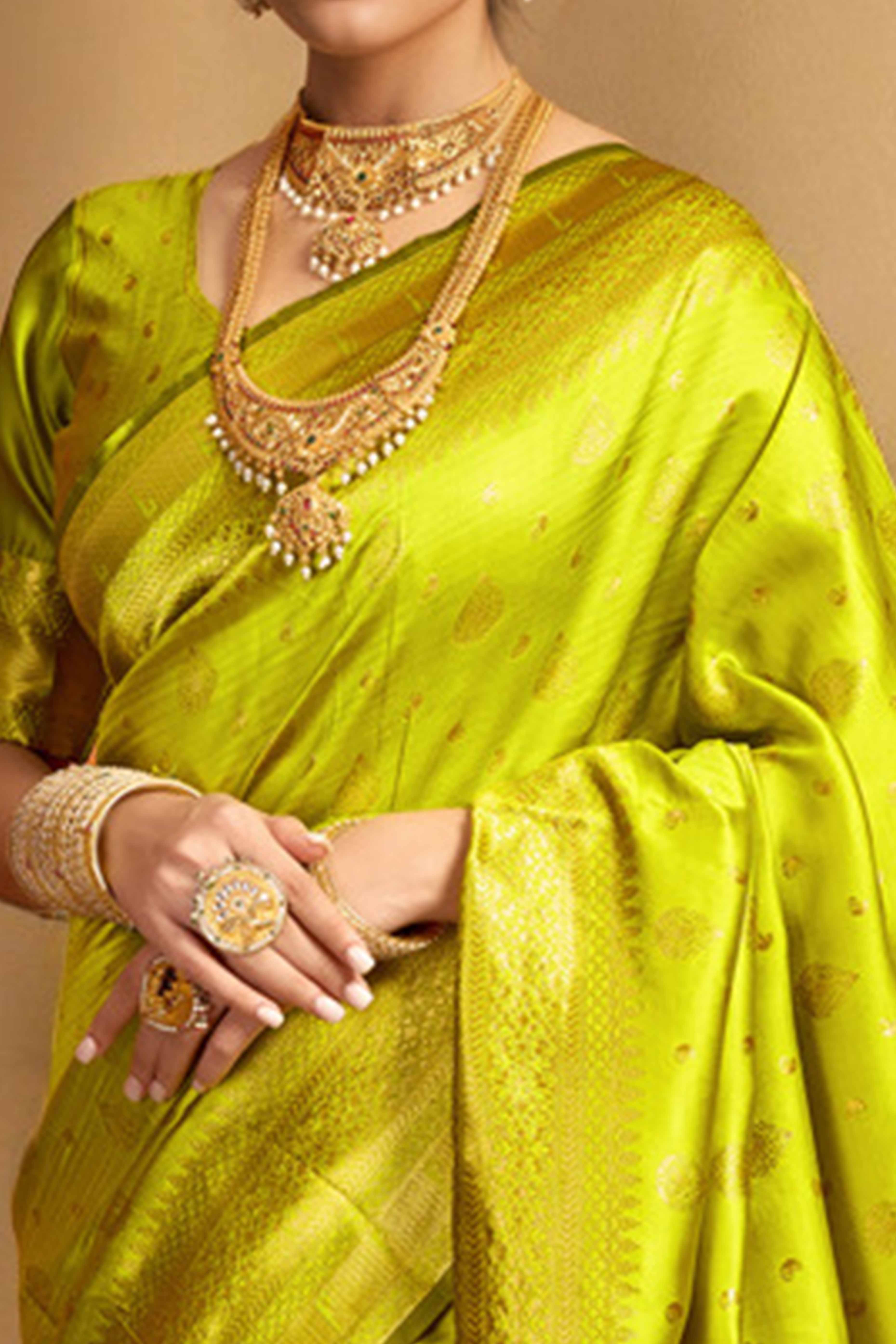 Lime Green Silk Blend Paithani Saree Showcasing Rich Zari Weaving With Birds & Floral Accents