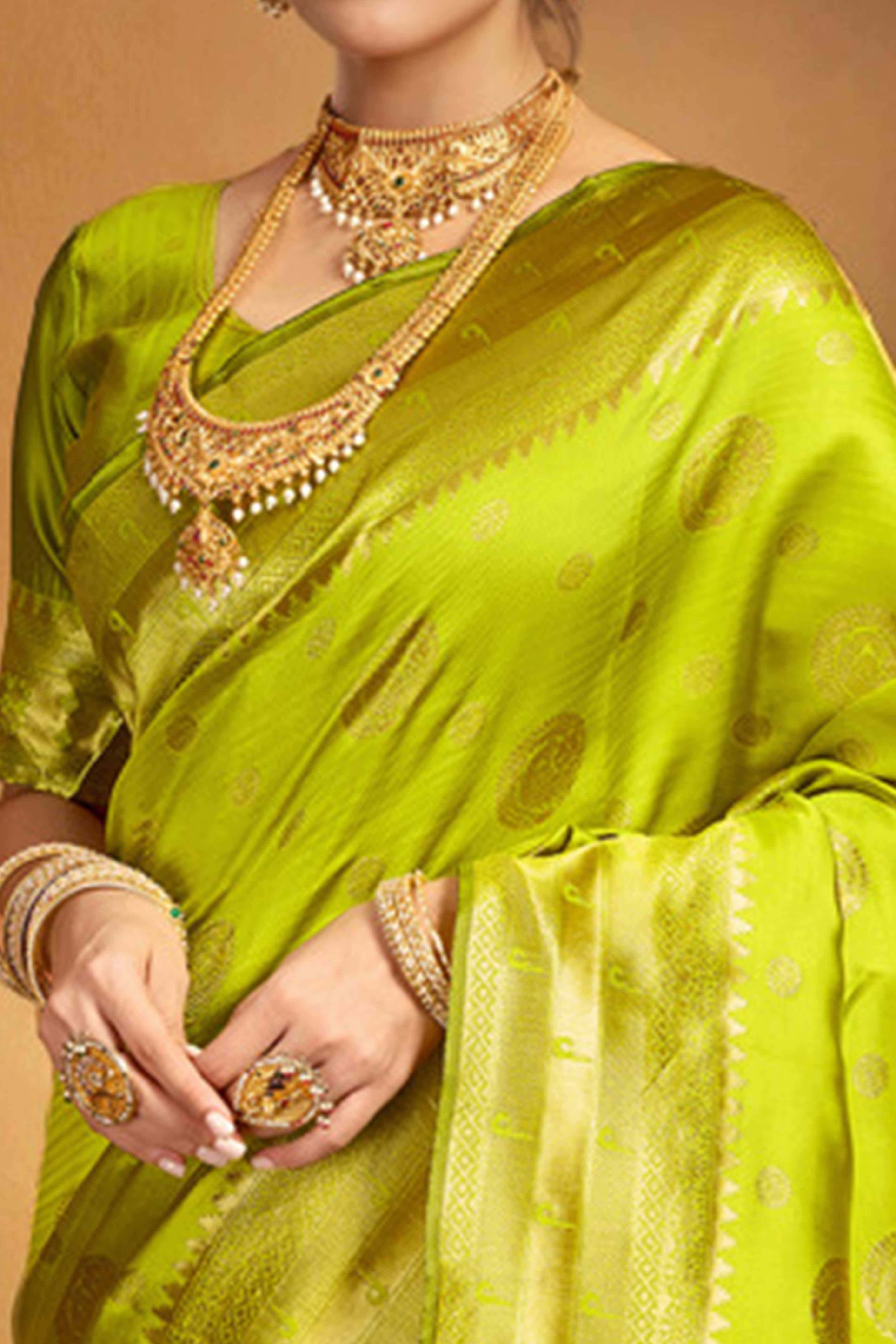 Lime Green Paithani Silk Blend Saree Embellished With Zari Peacock & Floral Woven Patterns
