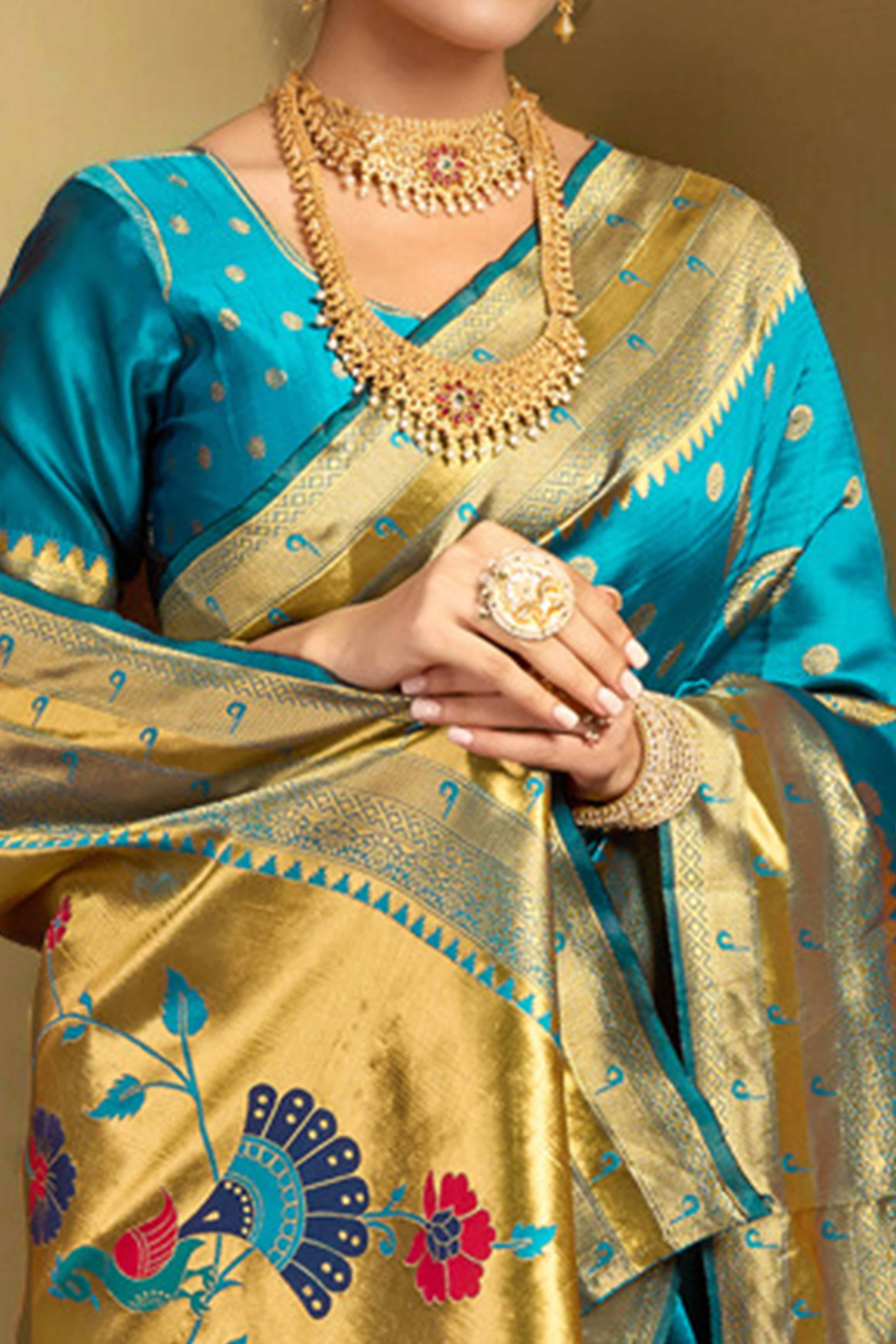 Blue Paithani Silk Blend Saree Embellished With Zari Peacock & Floral Woven Patterns
