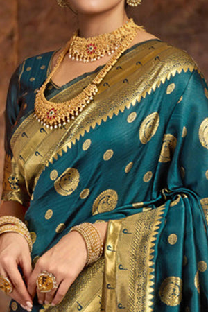 Teal Paithani Silk Blend Saree Embellished With Zari Peacock & Floral Woven Patterns