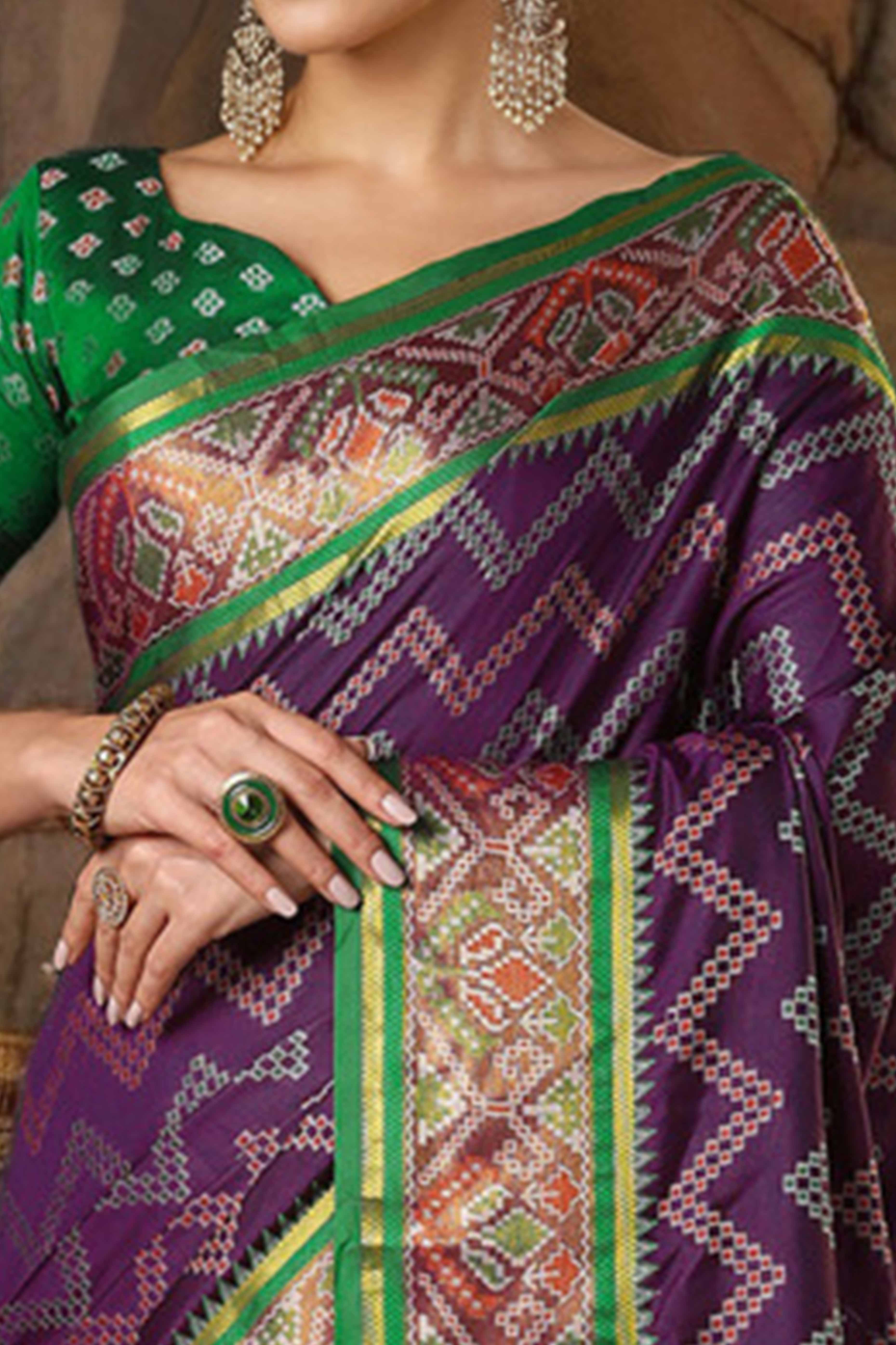 Purple Silk Blend Saree With Traditional Zig Zag Patola Weaving & Tassel Pallu