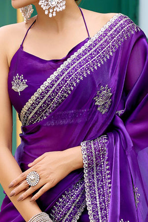 Violet Partywear Saree in Shimmer Chiffon with Sequins Embroidery