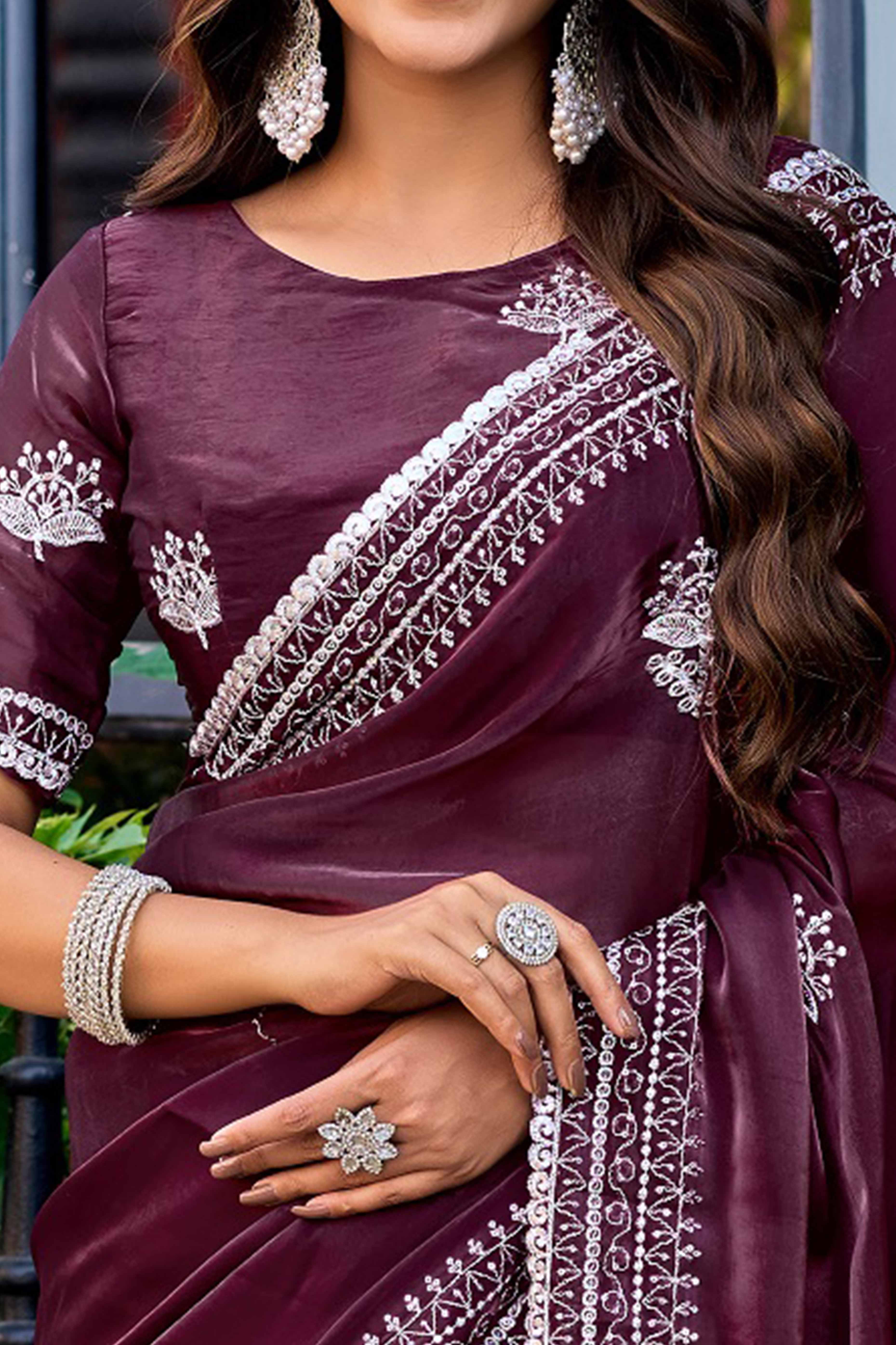 Coffee Brown Partywear Saree in Shimmer Chiffon with Sequins Embroidery
