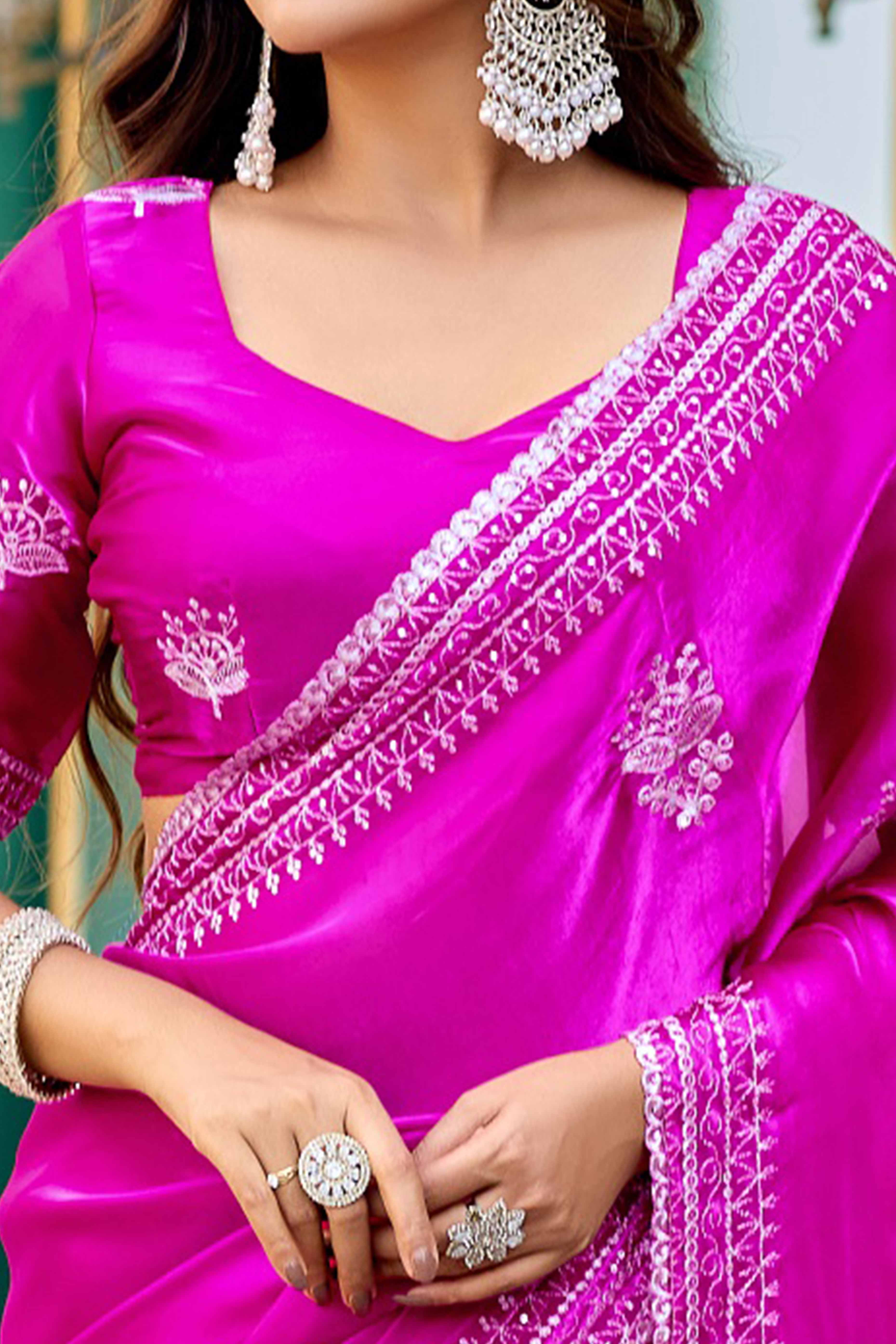 Magenta Partywear Saree in Shimmer Chiffon with Sequins Embroidery