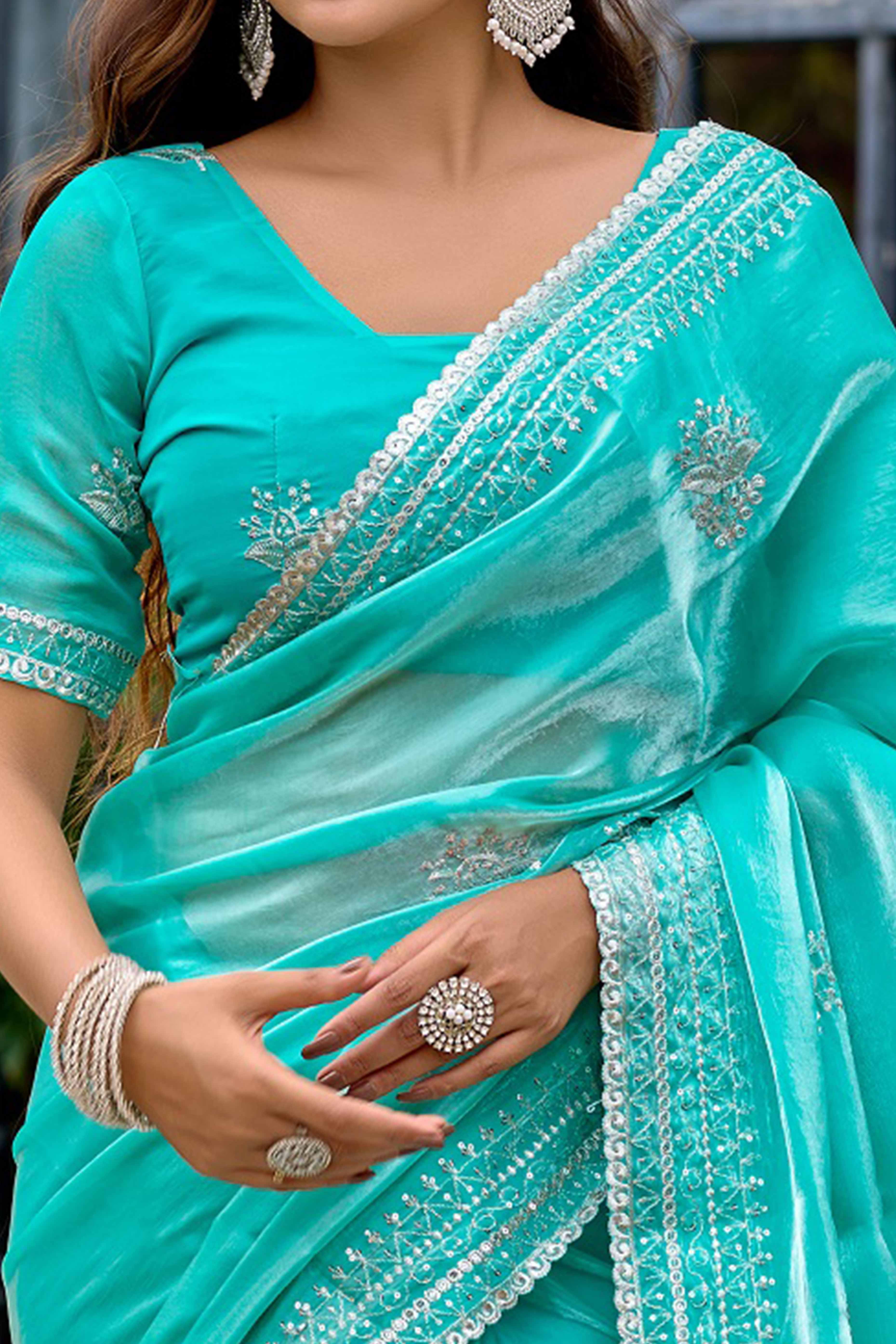 Turquoise Partywear Saree in Shimmer Chiffon with Sequins Embroidery