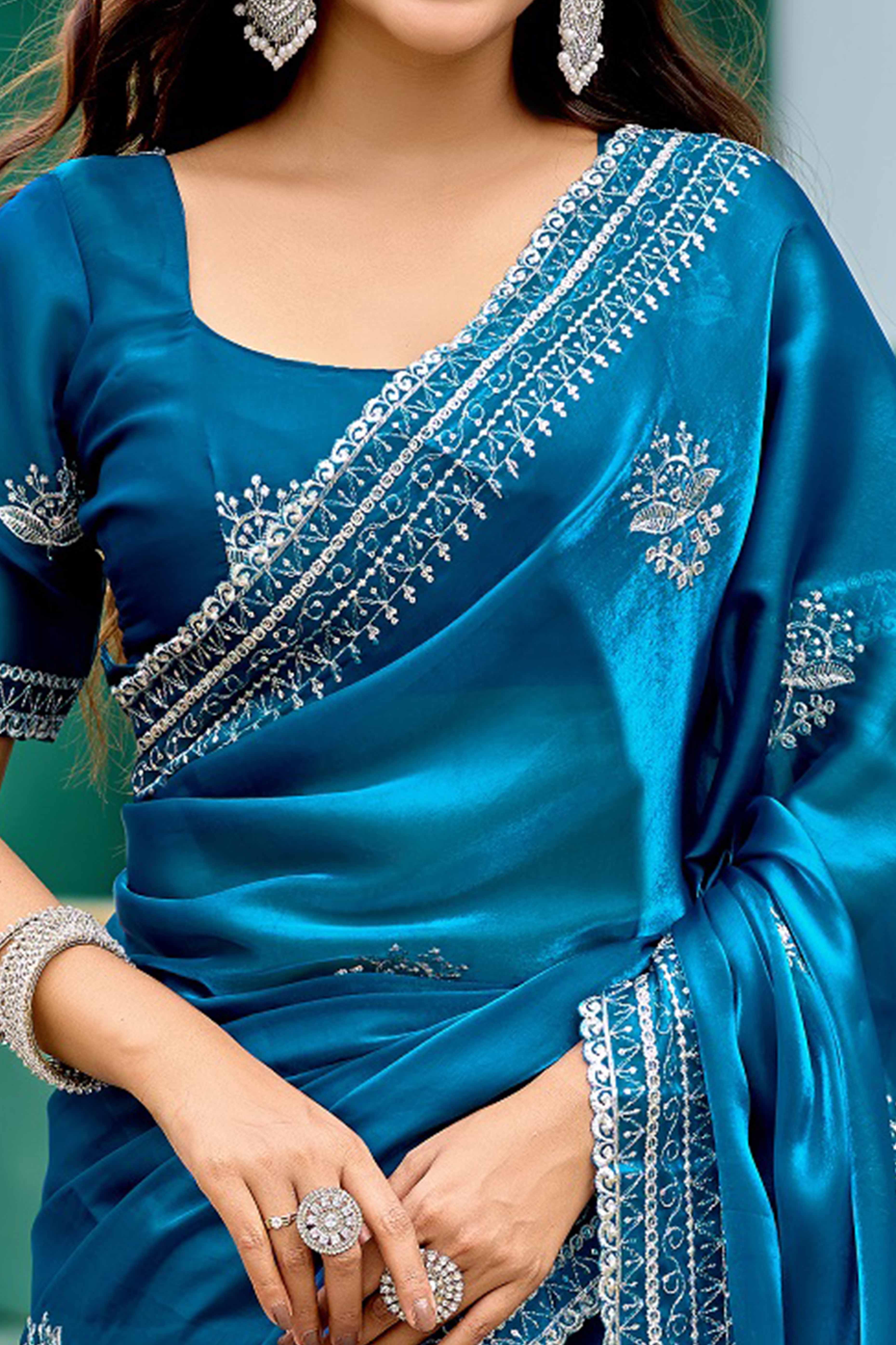 Teal Partywear Saree in Shimmer Chiffon with Sequins Embroidery