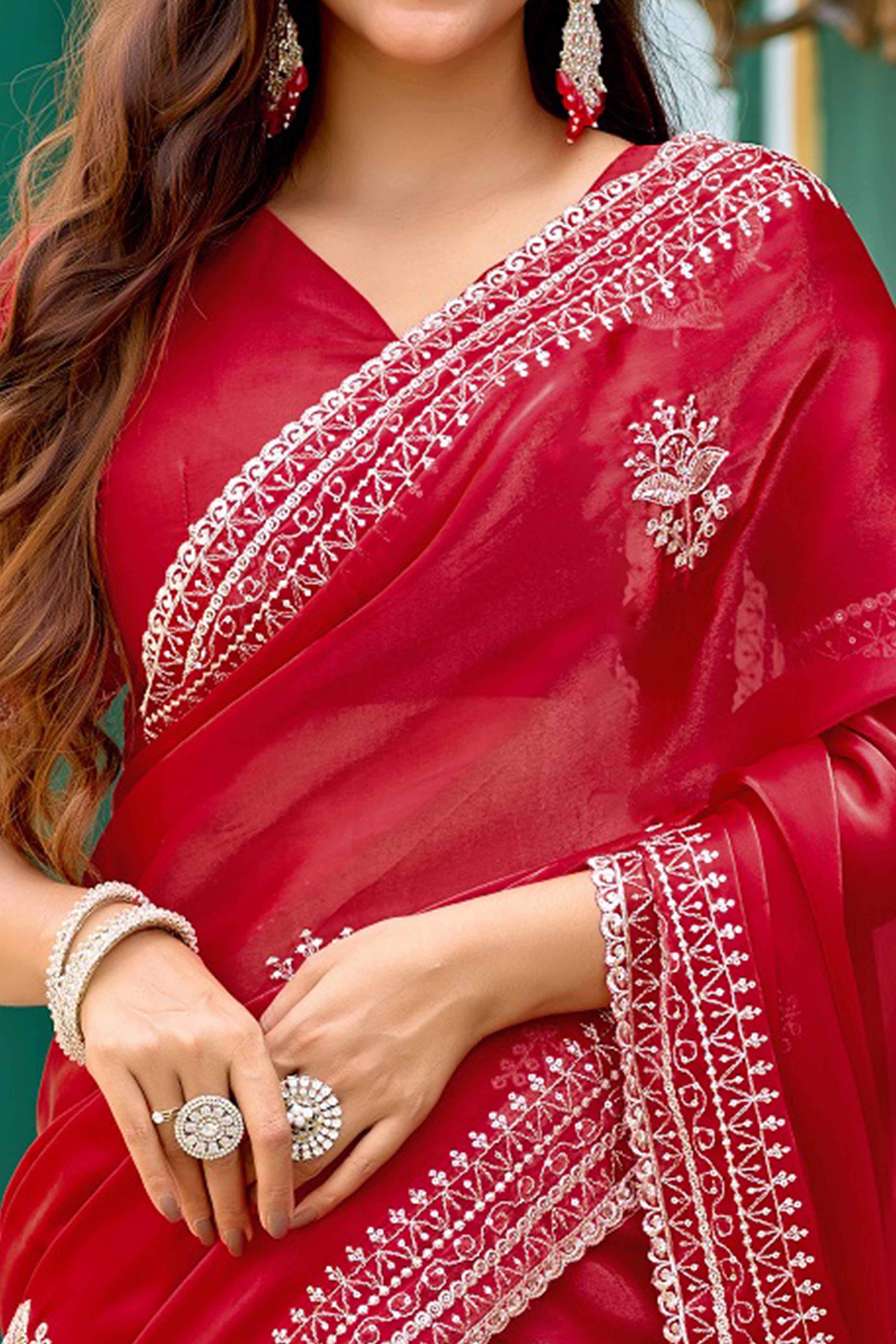Red Partywear Saree in Shimmer Chiffon with Sequins Embroidery