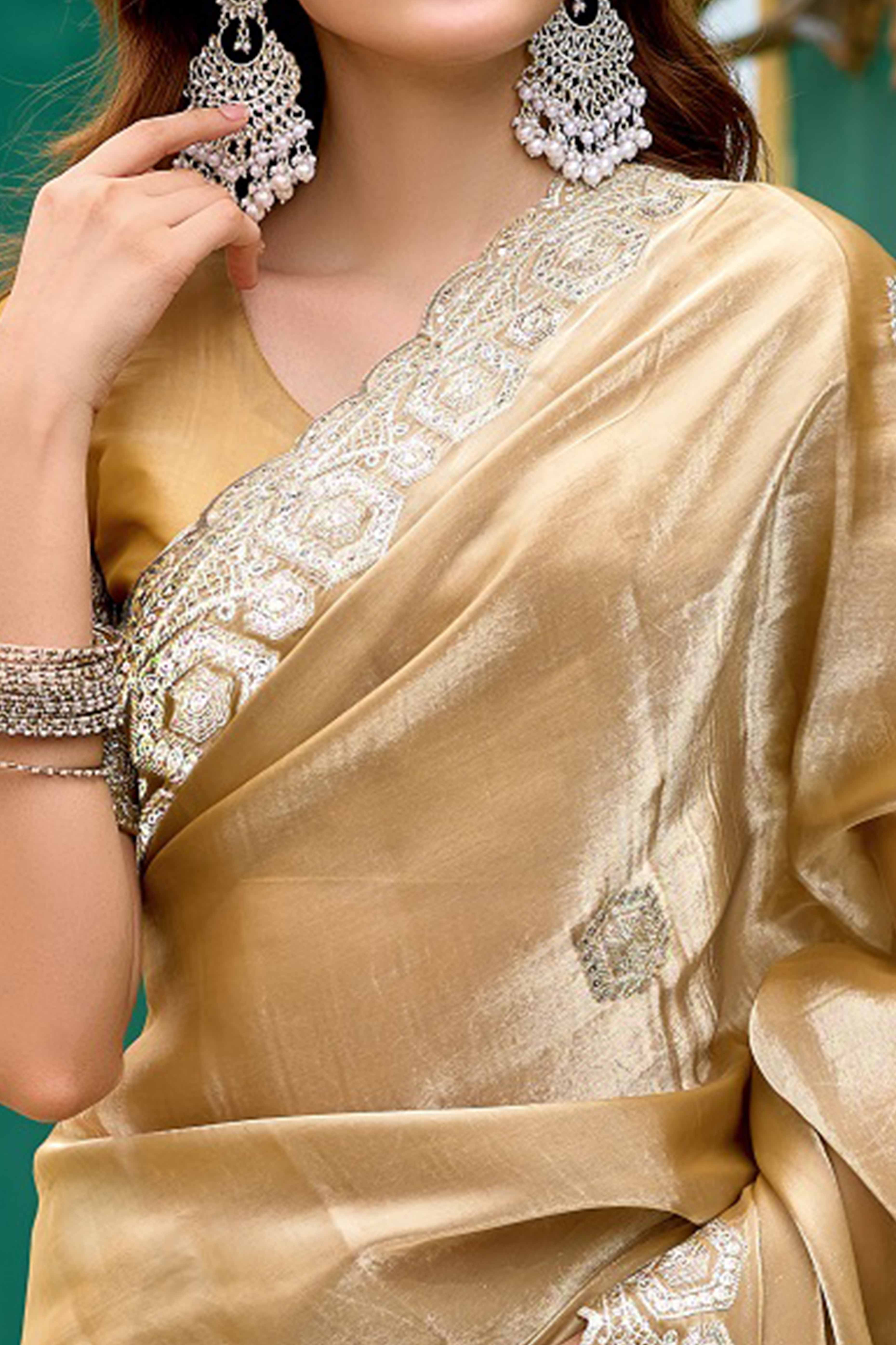 Shimmering Beige Chiffon Saree with Delicate Sequins Work