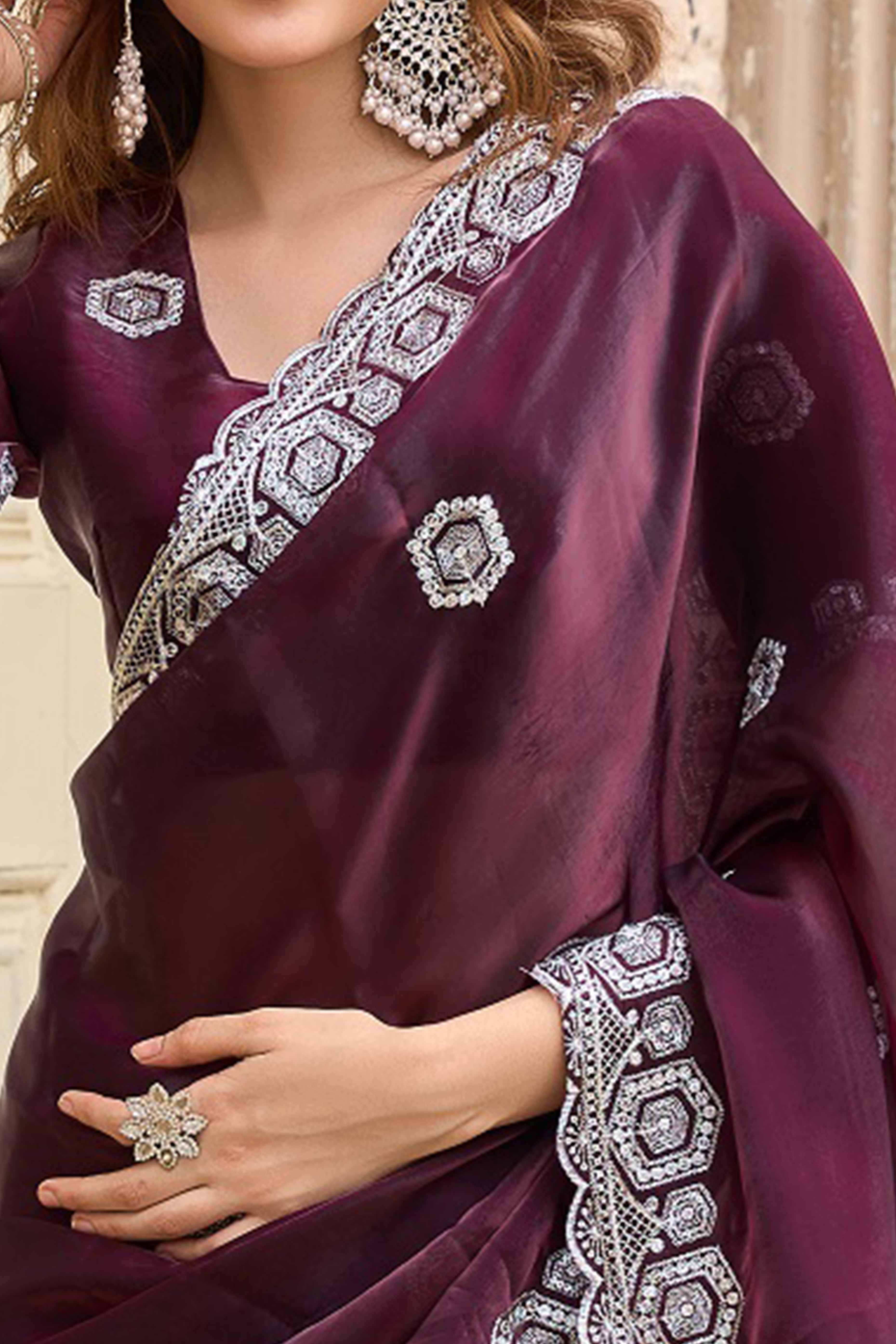 Shimmering Wine Chiffon Saree with Delicate Sequins Work