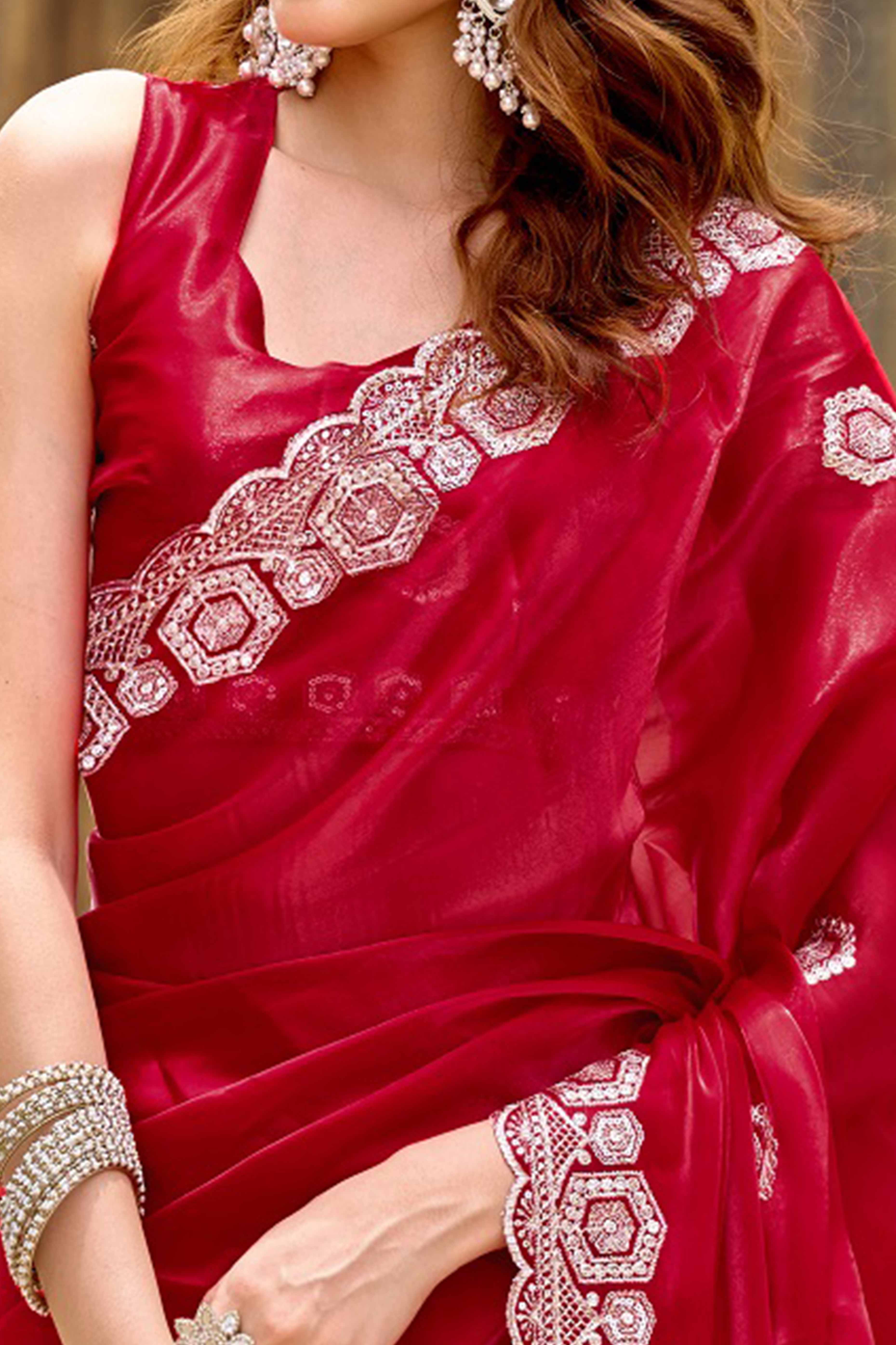 Shimmering Red Chiffon Saree with Delicate Sequins Work