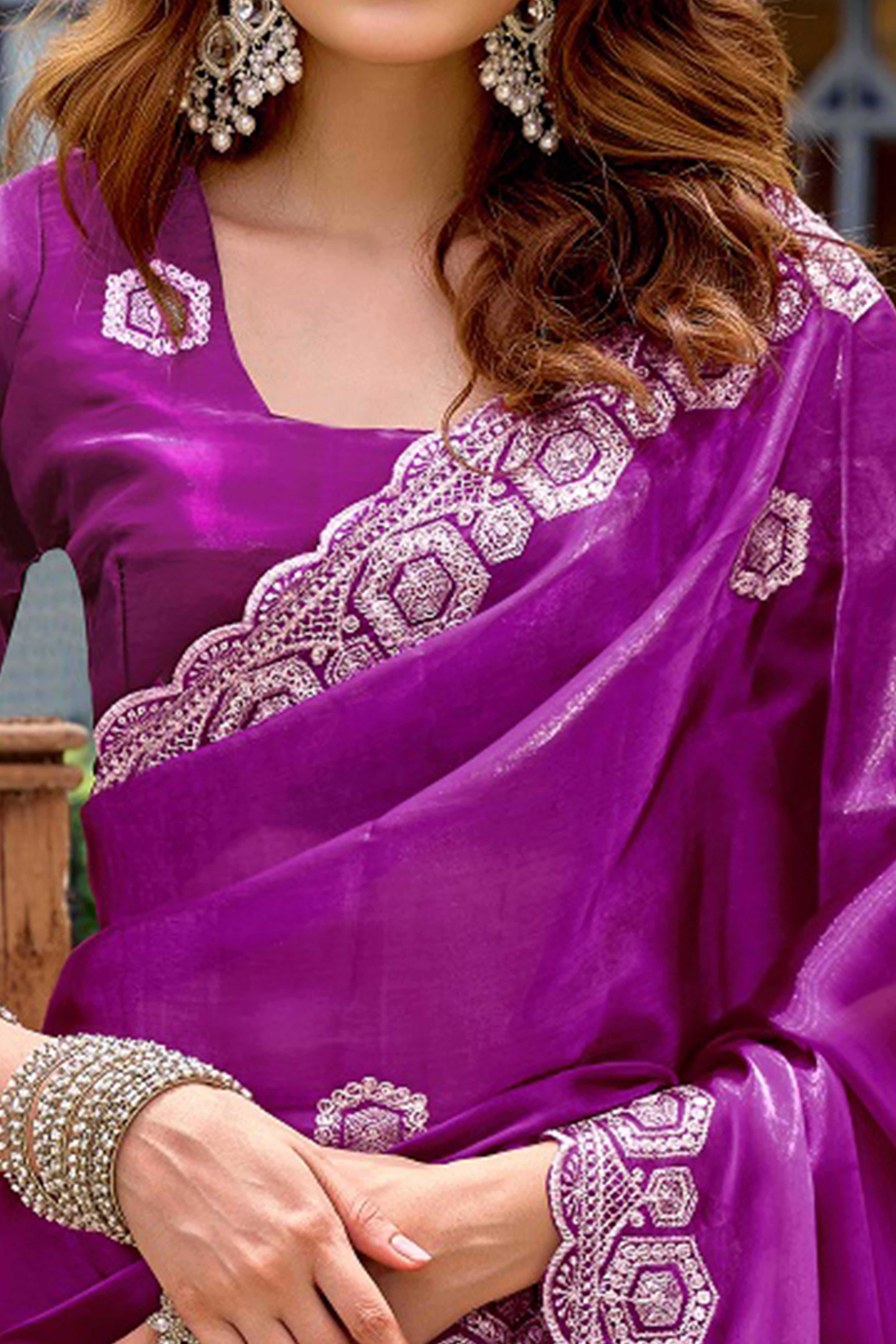 Shimmering Purple Chiffon Saree with Delicate Sequins Work