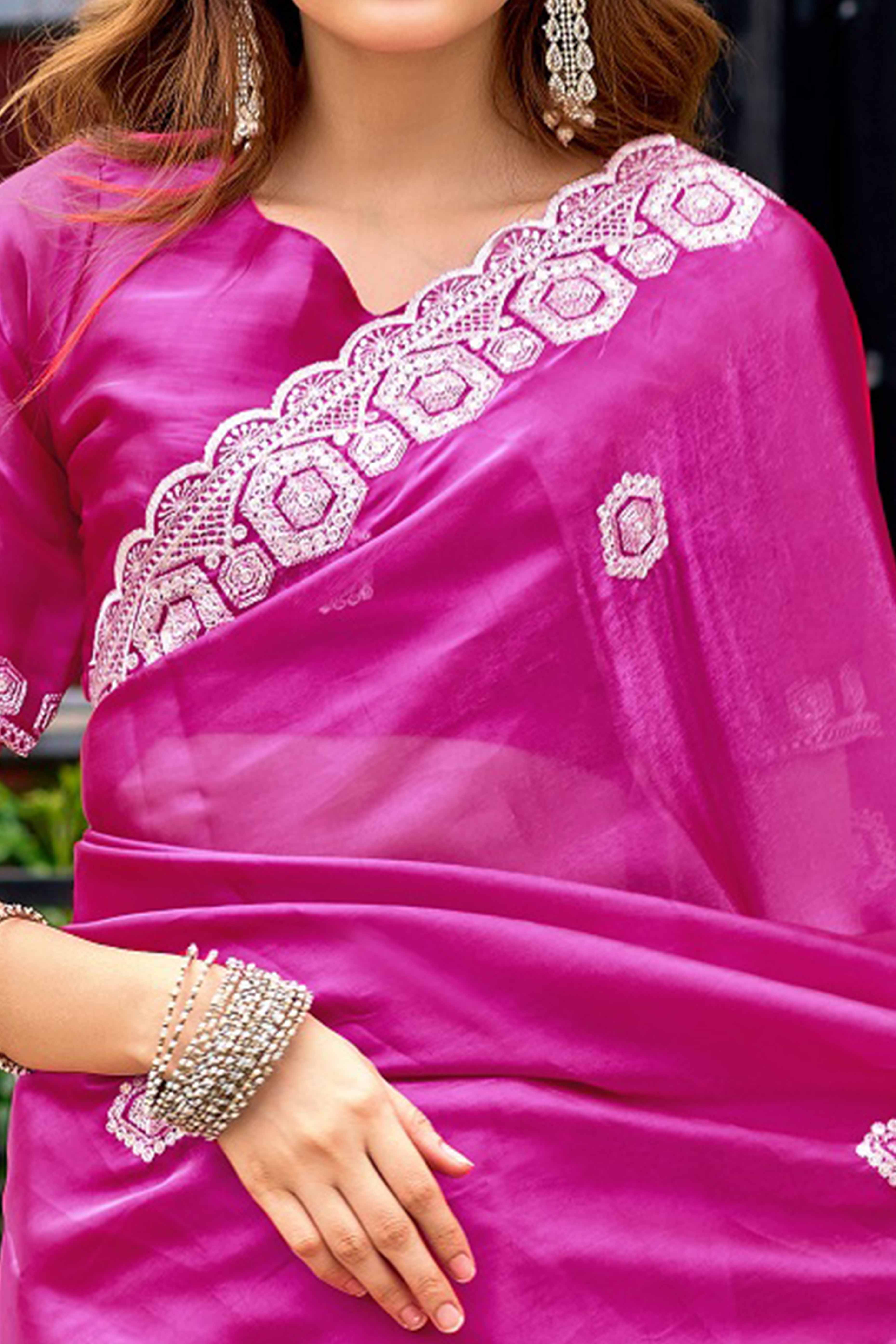 Shimmering Pink Chiffon Saree with Delicate Sequins Work