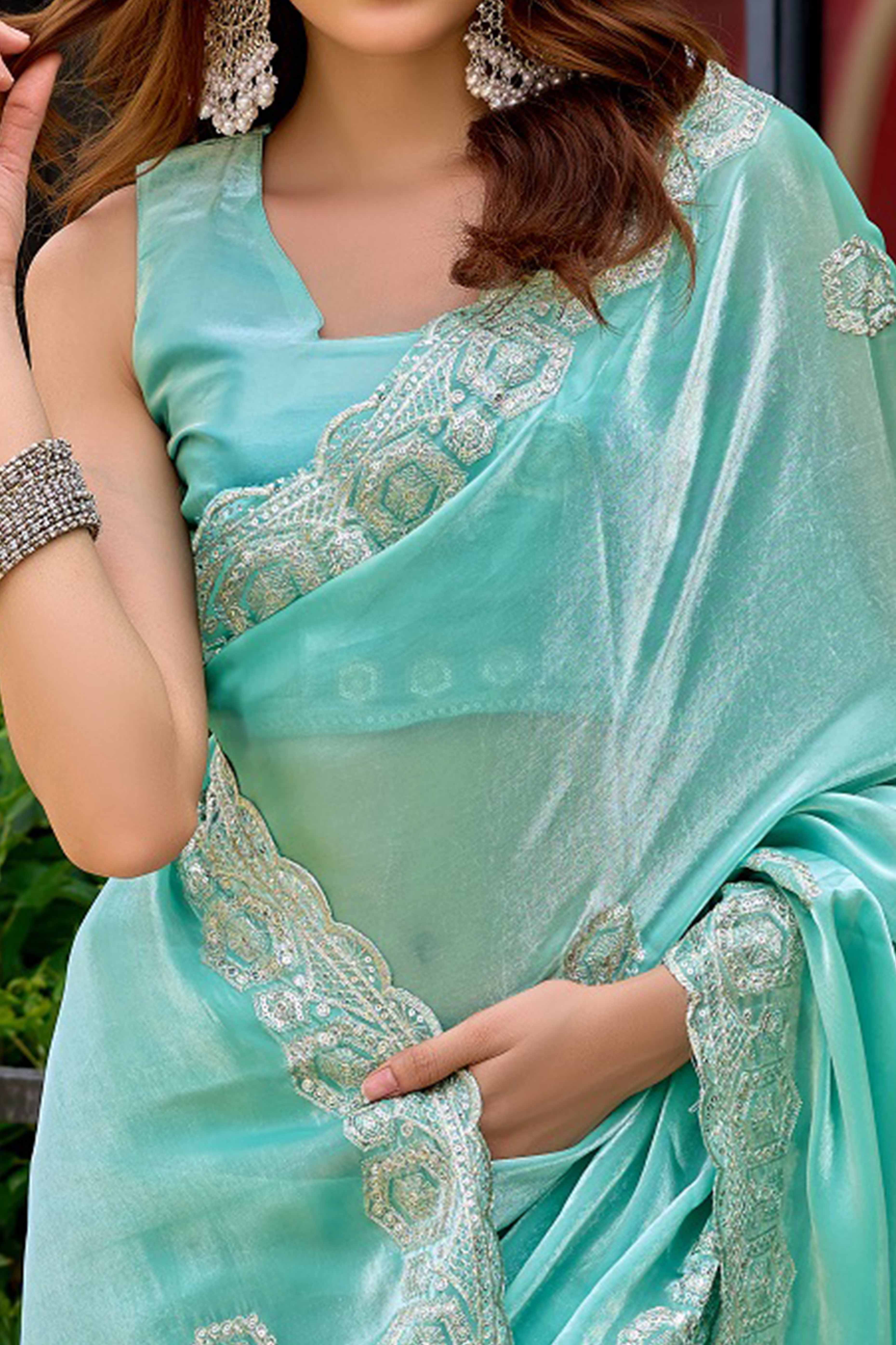 Shimmering Turquoise Chiffon Saree with Delicate Sequins Work