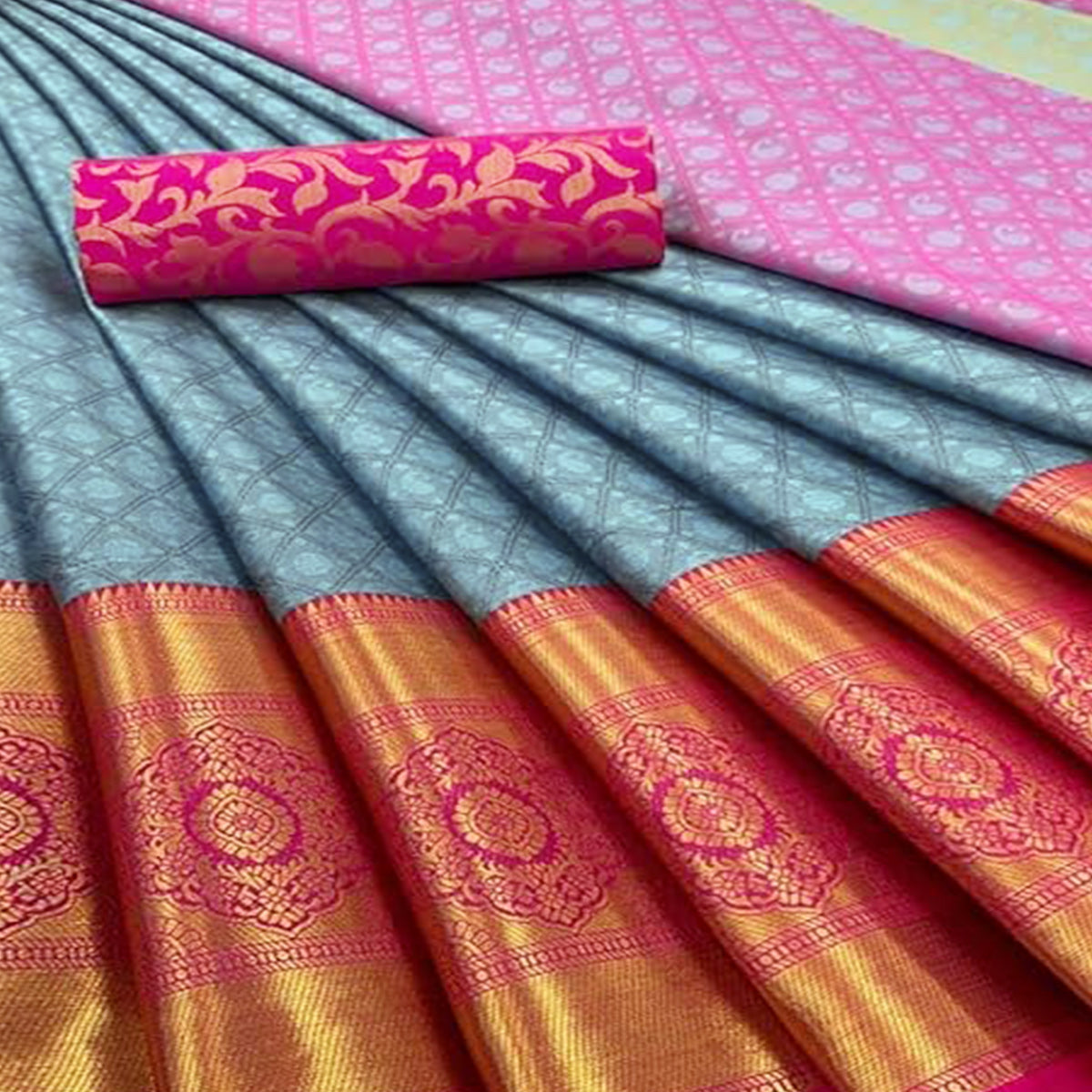 Sky Blue Silk Blend Saree With Detailed Zari Weaving & Tassel Embellishments