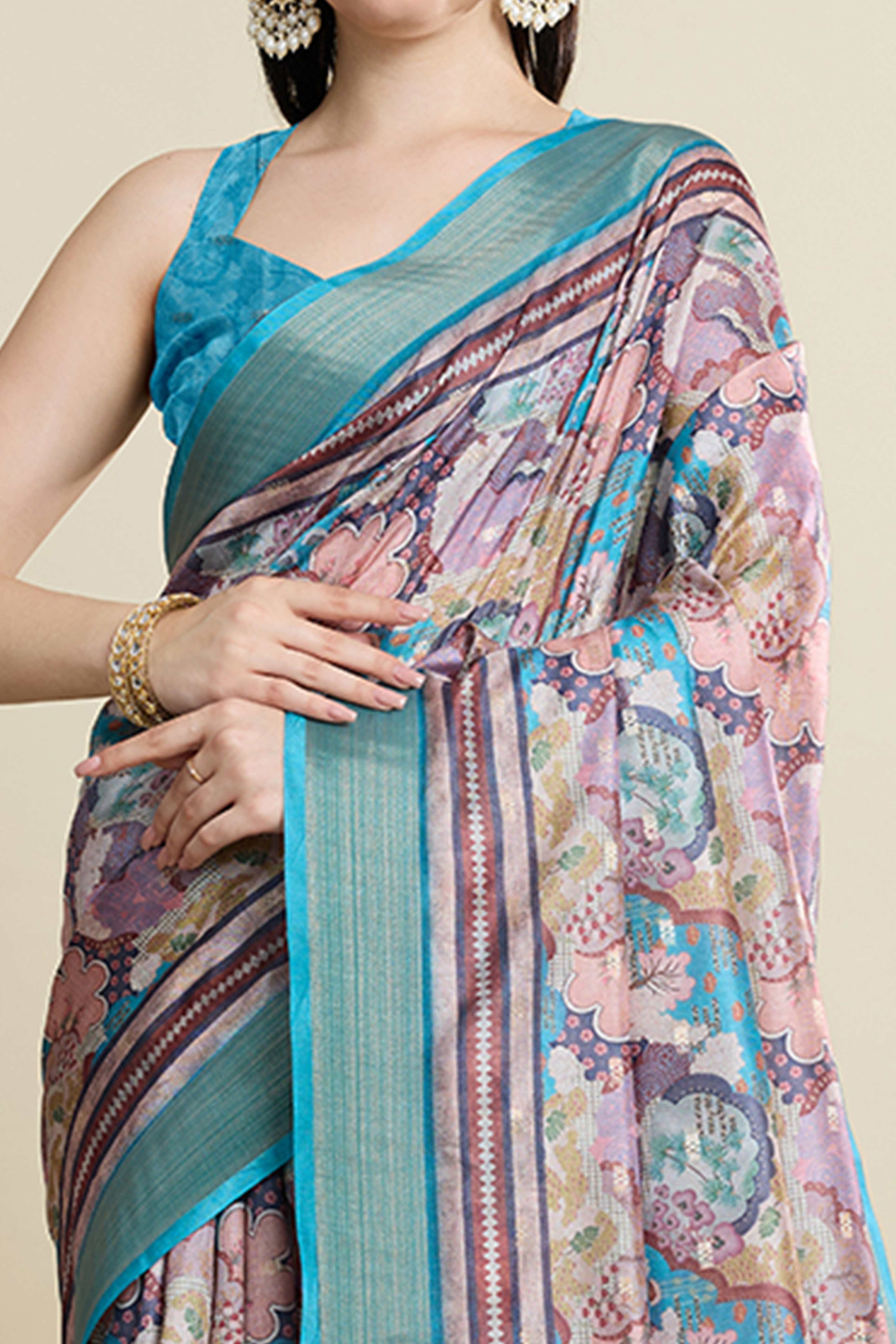 Multicolor Cotton Blend Saree Featuring Floral Prints and a Festive Zari Border Accent