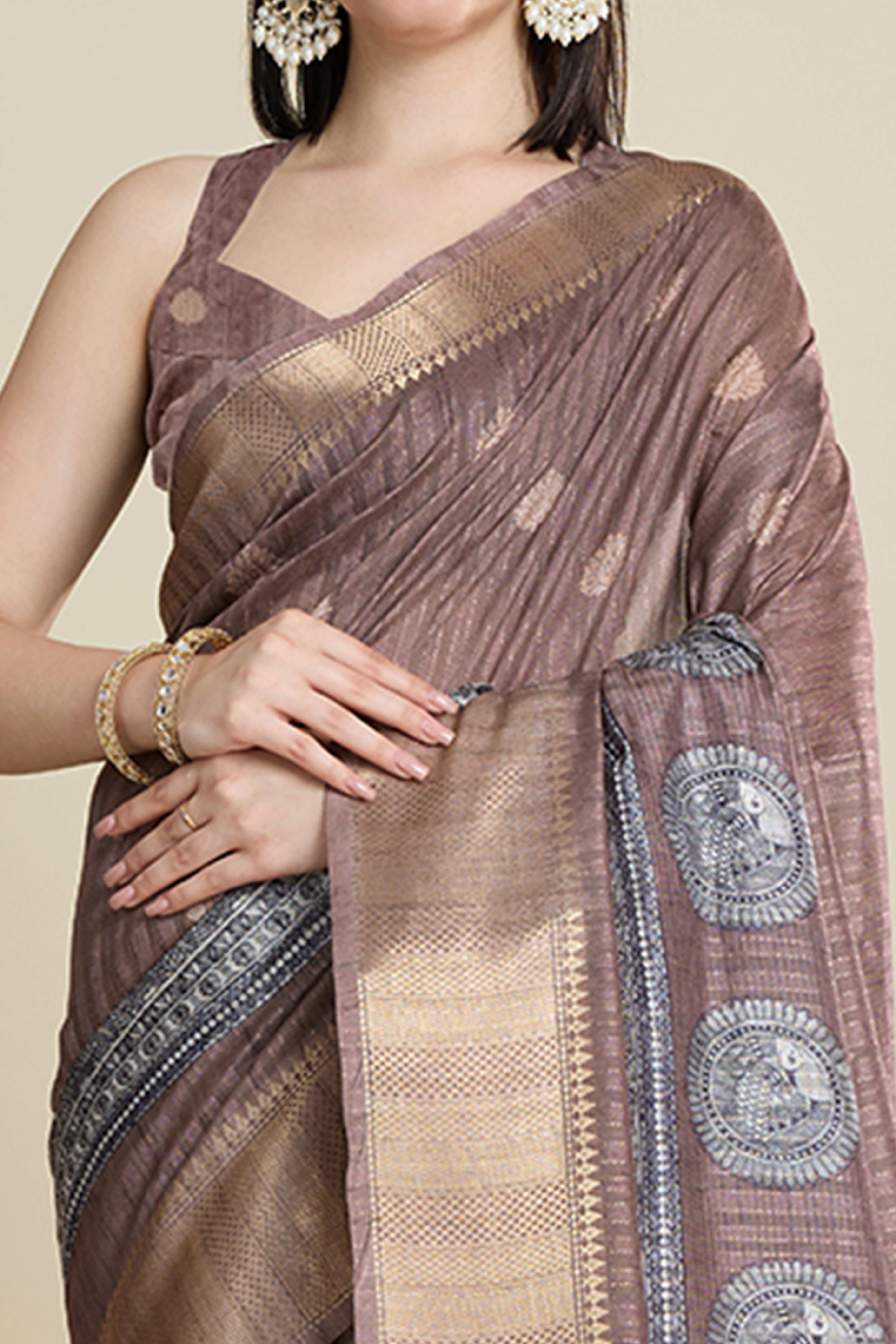 Coffee Brown Cotton Blend Saree Featuring Floral Prints and a Festive Zari Border Accent