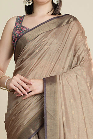 Beige Cotton Blend Saree with Traditional Weaving Butti Work and Gleaming Zari Border