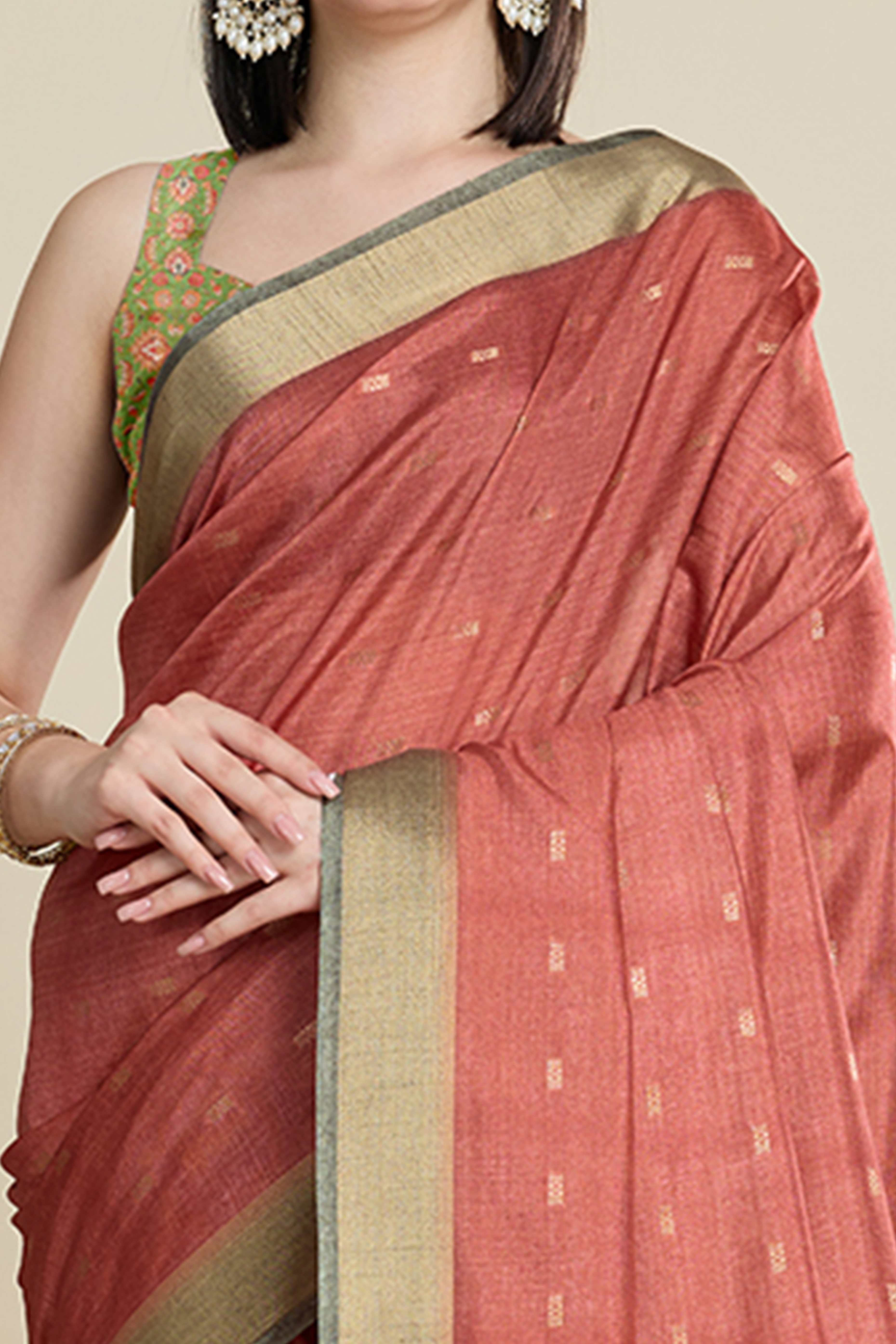Rust Cotton Blend Saree with Traditional Weaving Butti Work and Gleaming Zari Border