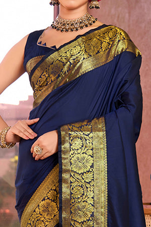 Unveil Your Grace In Navy Blue Floral Woven Pure Silk Saree