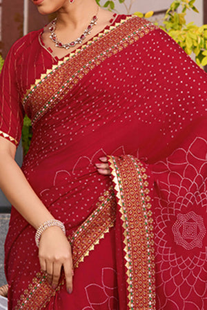 Celebrate Heritage With Red Bandhani Foil Printed Cotton Silk Sarree With Lace Border