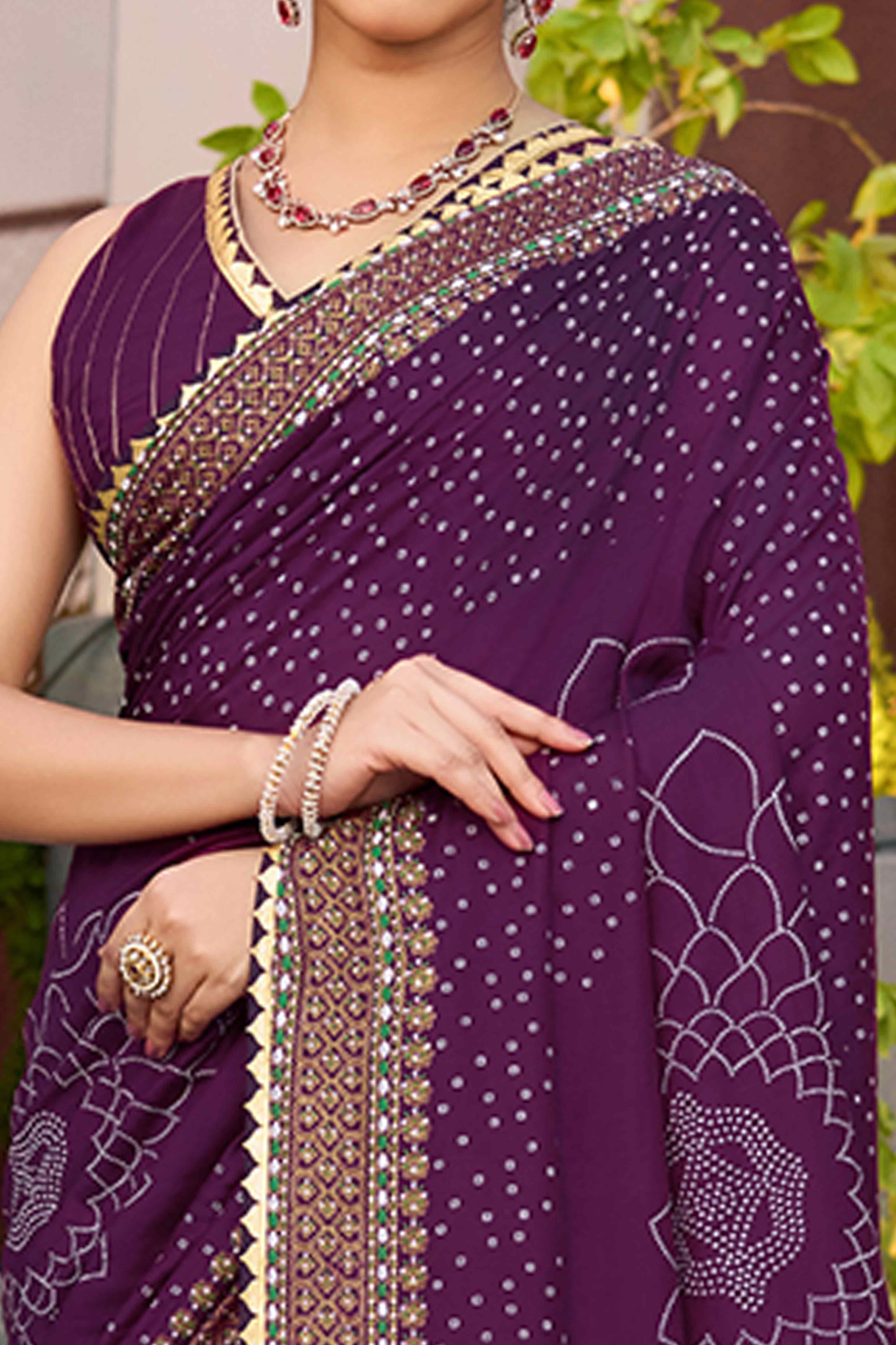 Experience Timeless Beauty With Wine Bandhani Foil Printed Cotton Silk Sarree With Lace Border