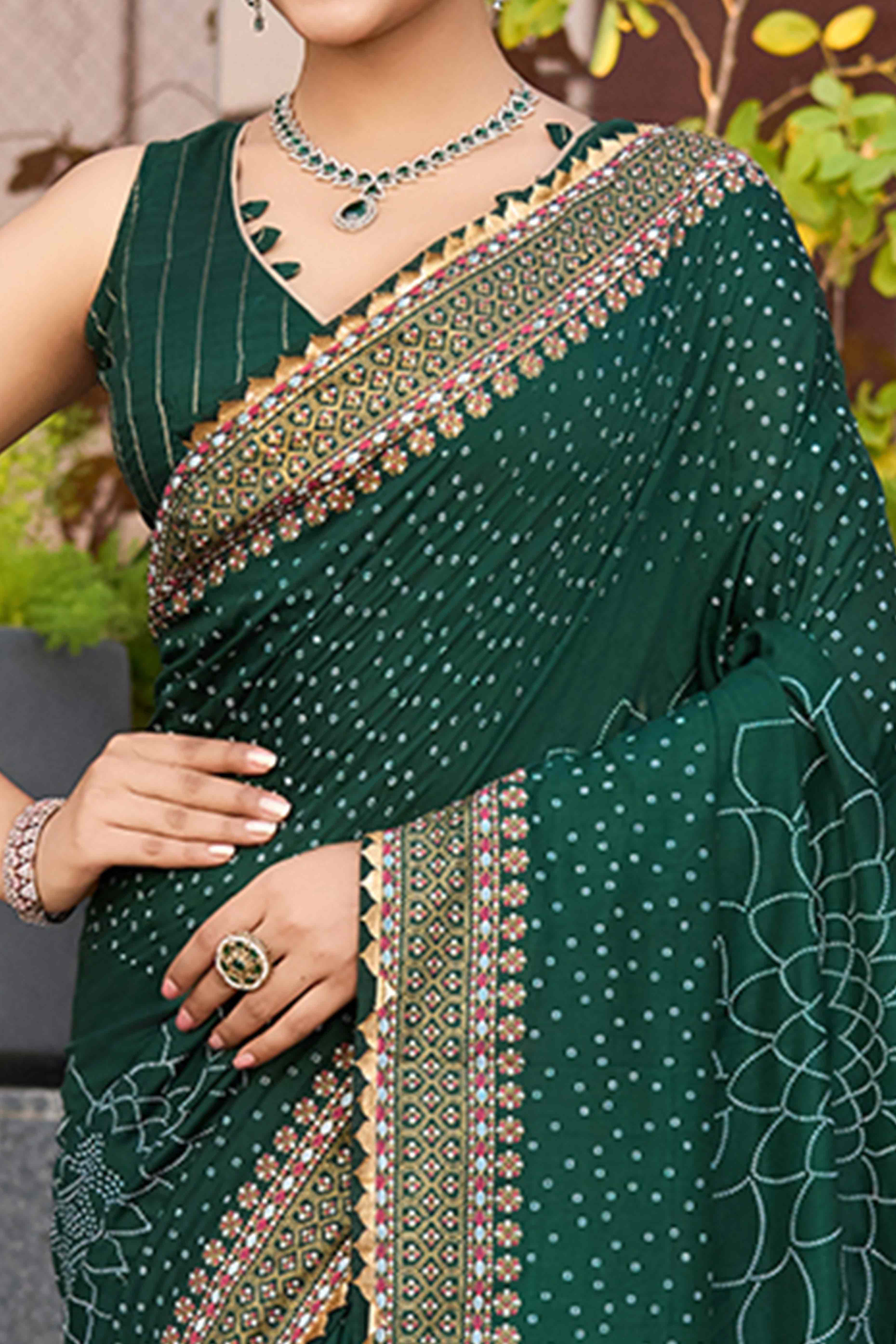 Let Your Style Shine With Green Bandhani Foil Printed Cotton Silk Sarree With Lace Border