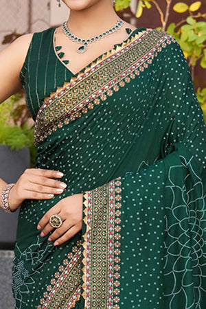 Let Your Style Shine With Green Bandhani Foil Printed Cotton Silk Sarree With Lace Border