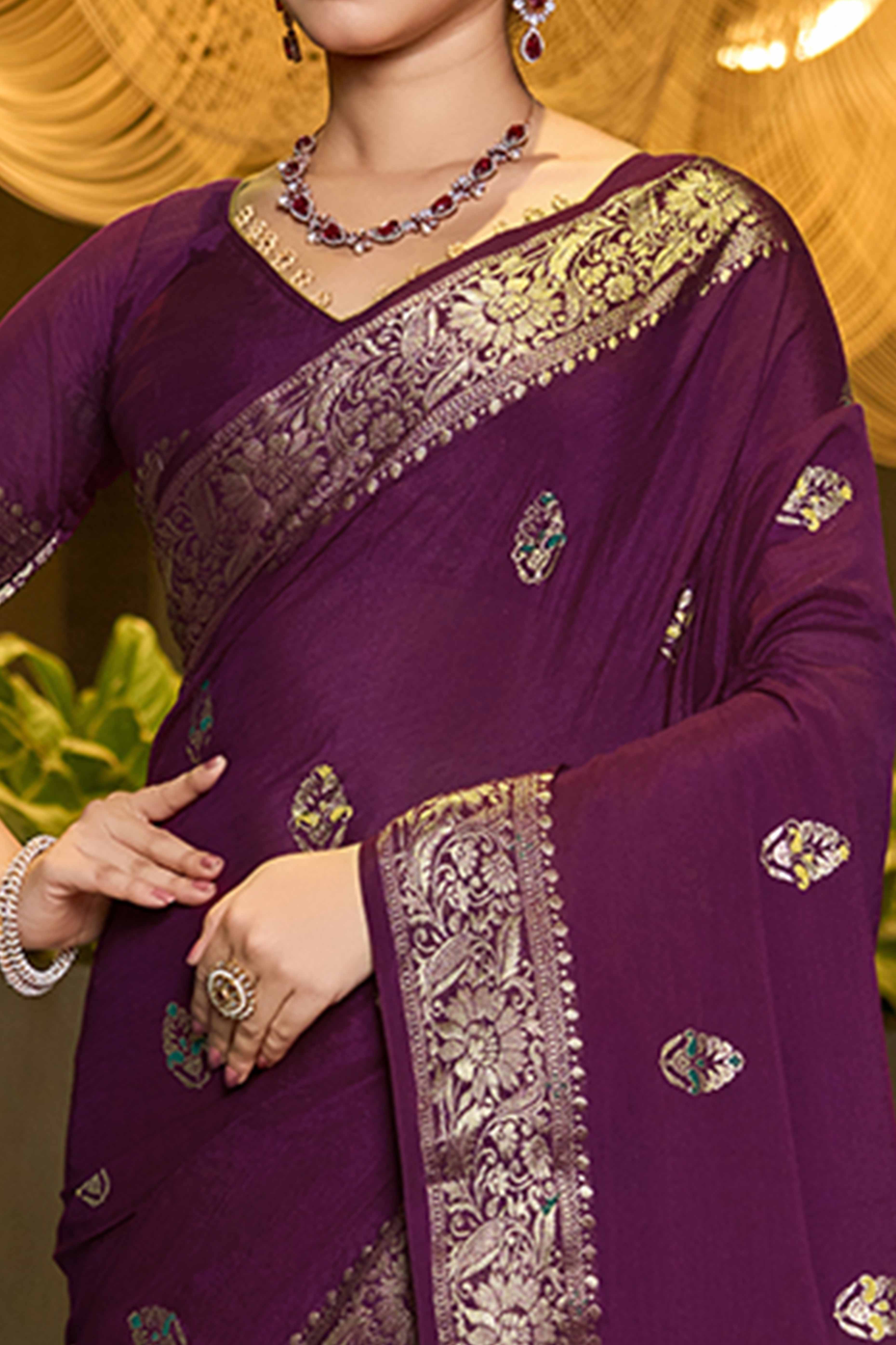 Celebrate Heritage With Wine Floral Woven Chinon Silk Saree