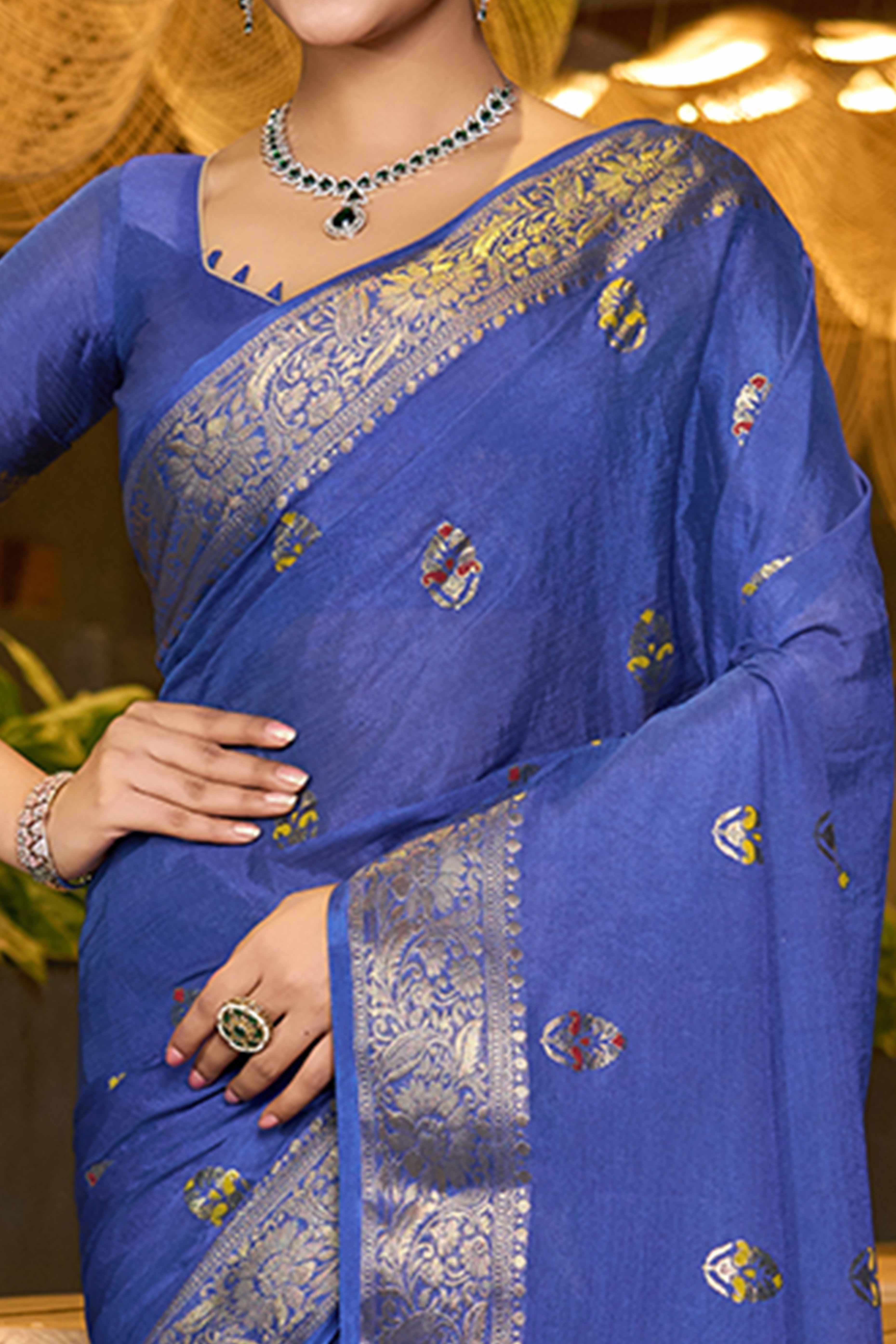 Feel The Luxury Of Blue Floral Woven Chinon Silk Saree