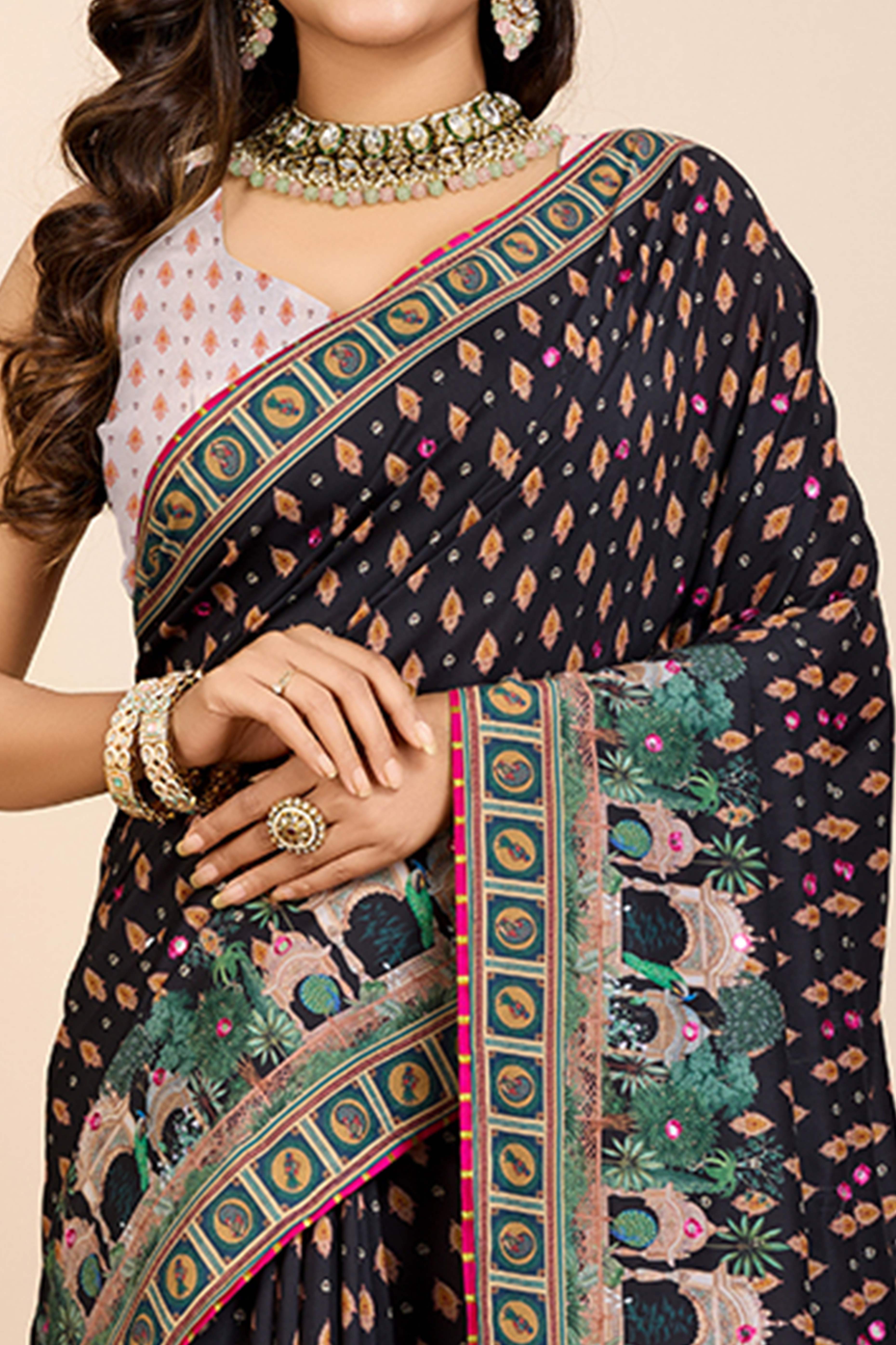 Black Mirror Work Bandhani Printed Muslin Saree