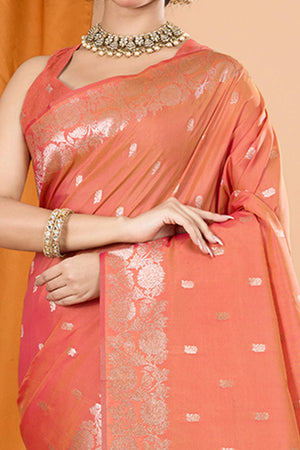 Peach Banarasi Silk Saree With Intricate Floral Zari Weaving