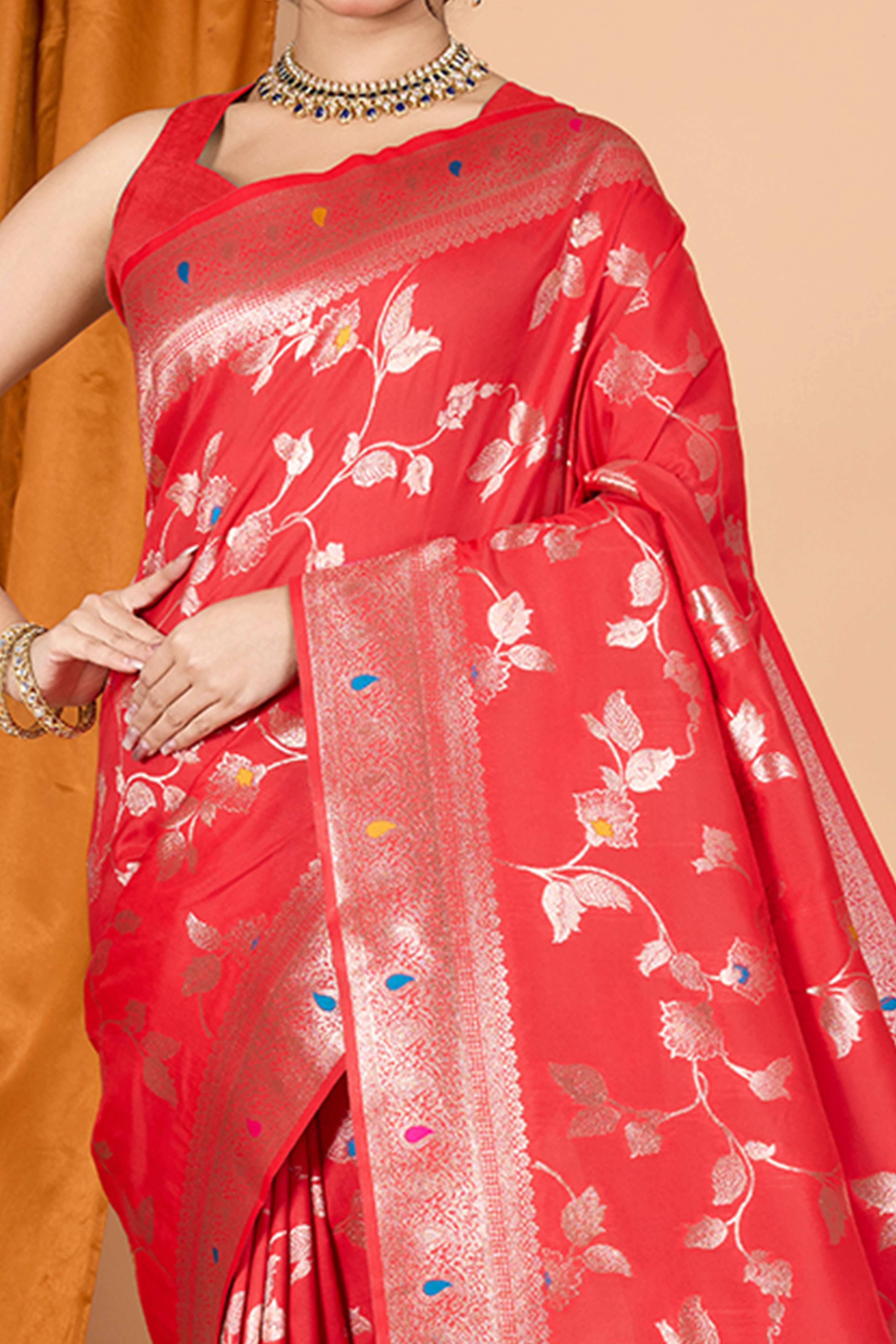 Red Banarasi Silk Saree With Exquisite Floral Zari Weaving and Elegant Tassels