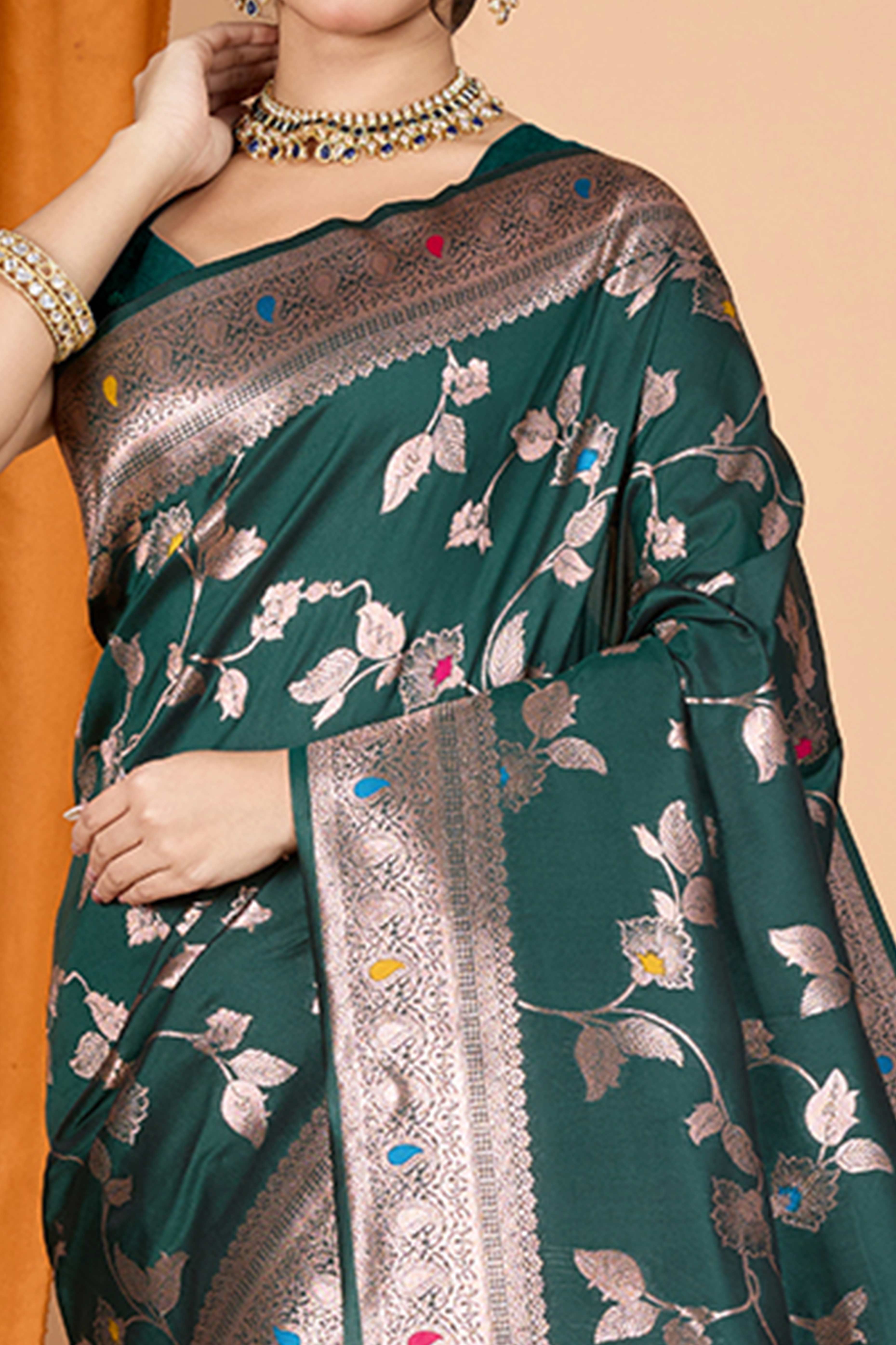 Green Banarasi Silk Saree With Exquisite Floral Zari Weaving and Elegant Tassels