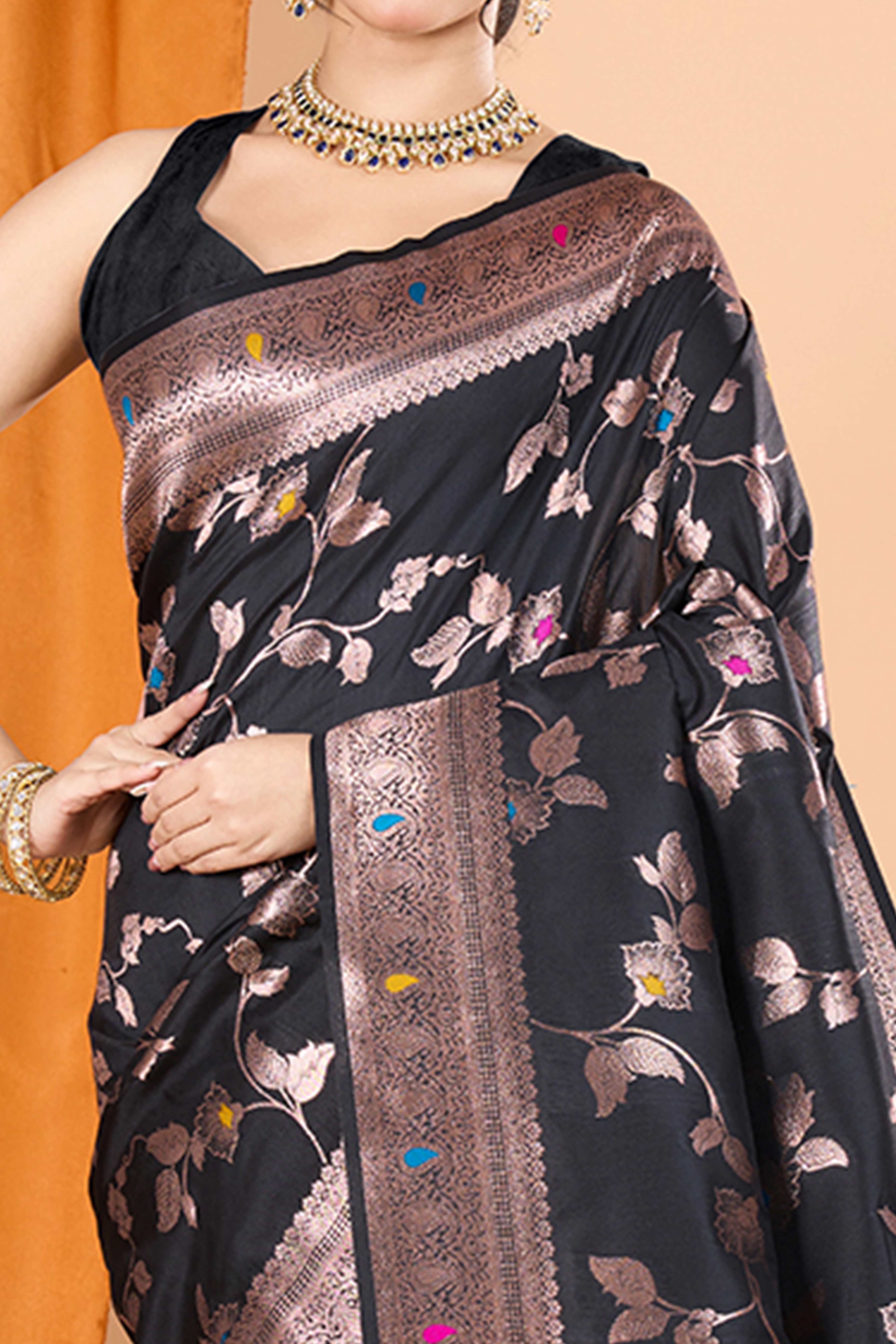 Black Banarasi Silk Saree With Exquisite Floral Zari Weaving and Elegant Tassels