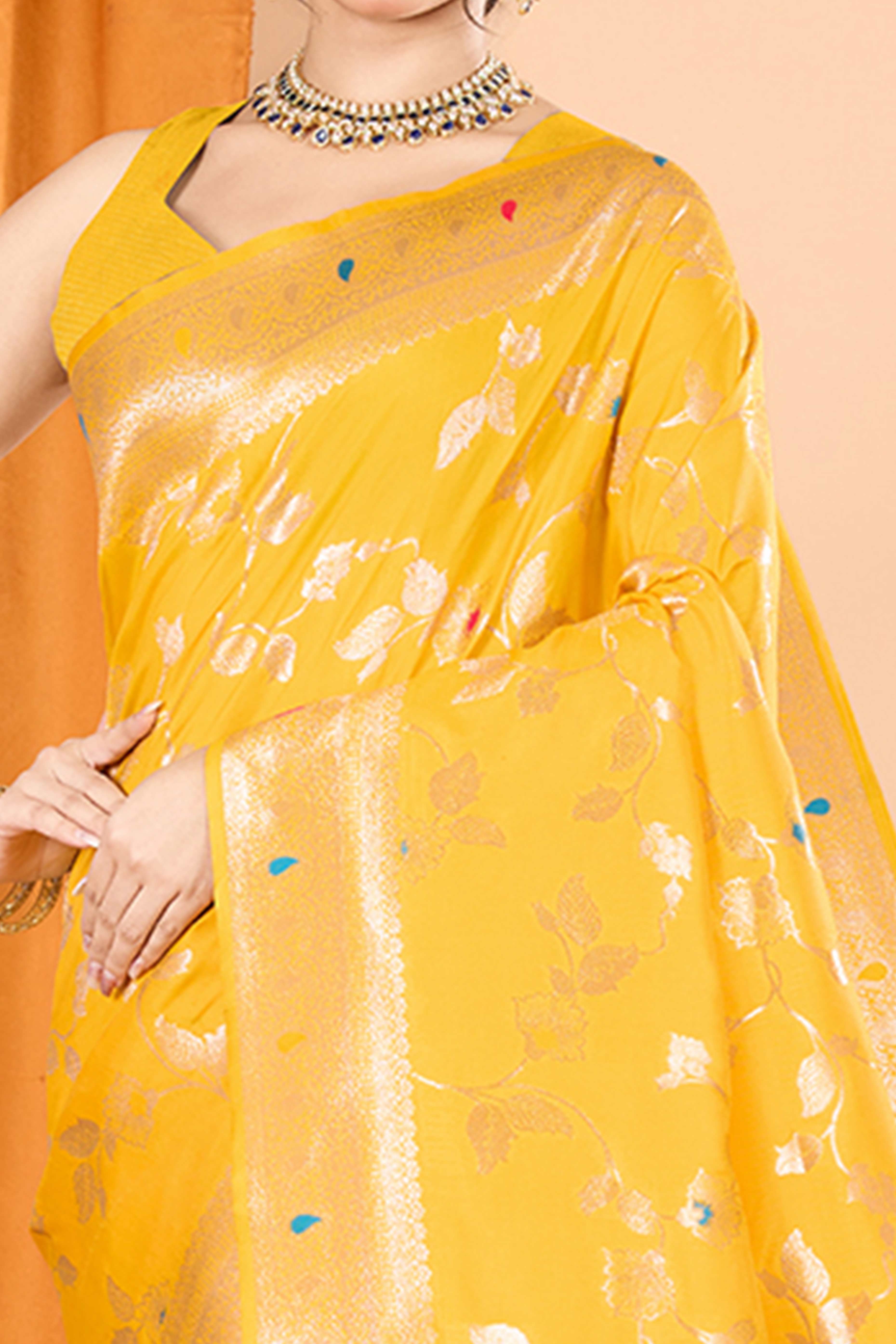 Yellow Banarasi Silk Saree With Exquisite Floral Zari Weaving and Elegant Tassels