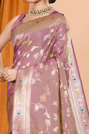 Lilac Lavender Banarasi Silk Saree With Exquisite Floral Zari Weaving and Elegant Tassels