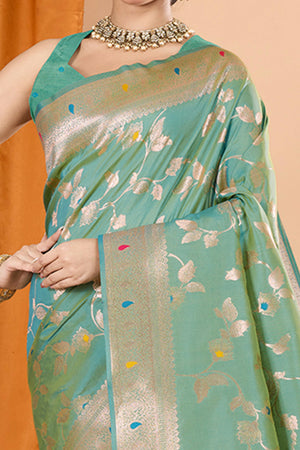 Rama Green Banarasi Silk Saree With Exquisite Floral Zari Weaving and Elegant Tassels